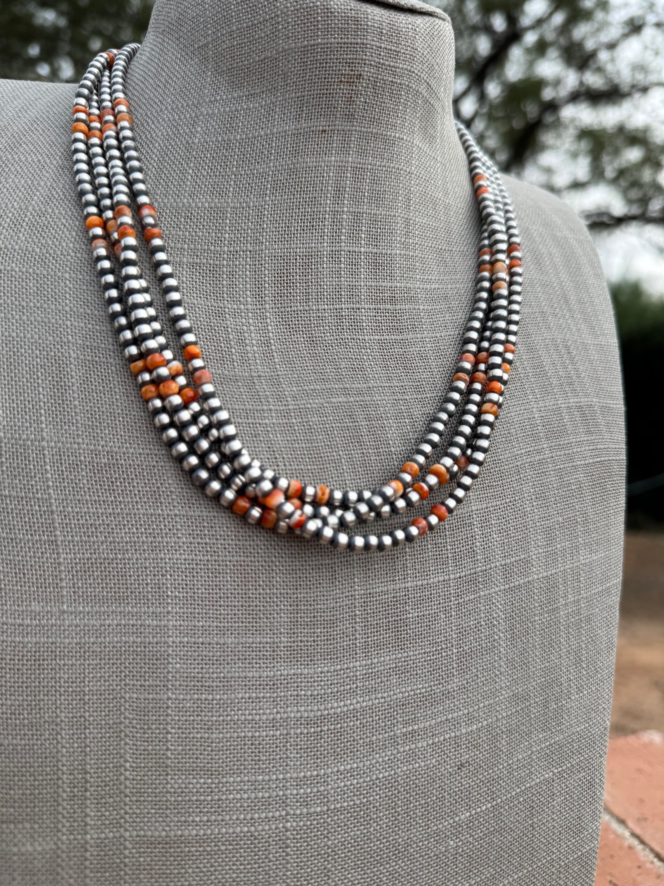 Handcrafted Orange Spiny & Sterling Silver 4mm Beaded Necklace 20"