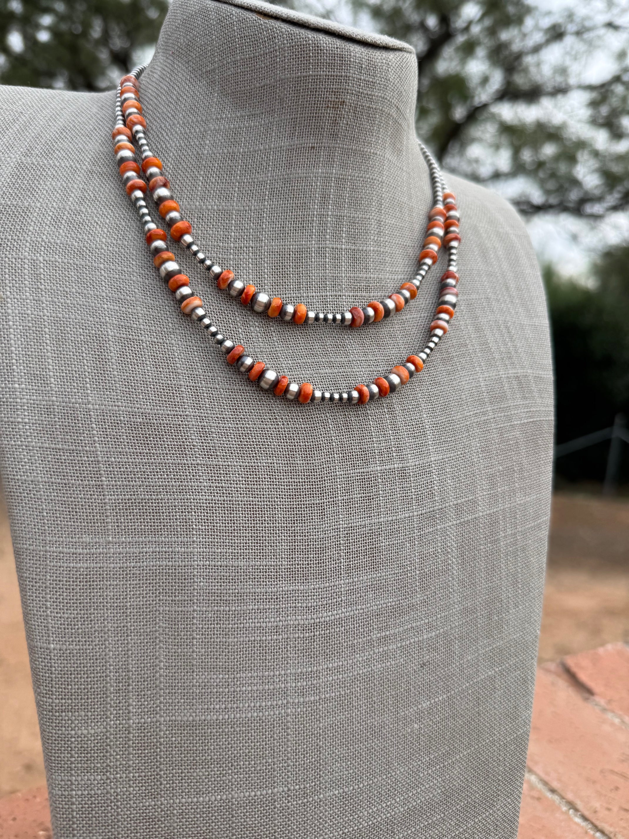 Handcrafted Orange Spiny & Sterling Silver 3-6mm Beaded Necklace