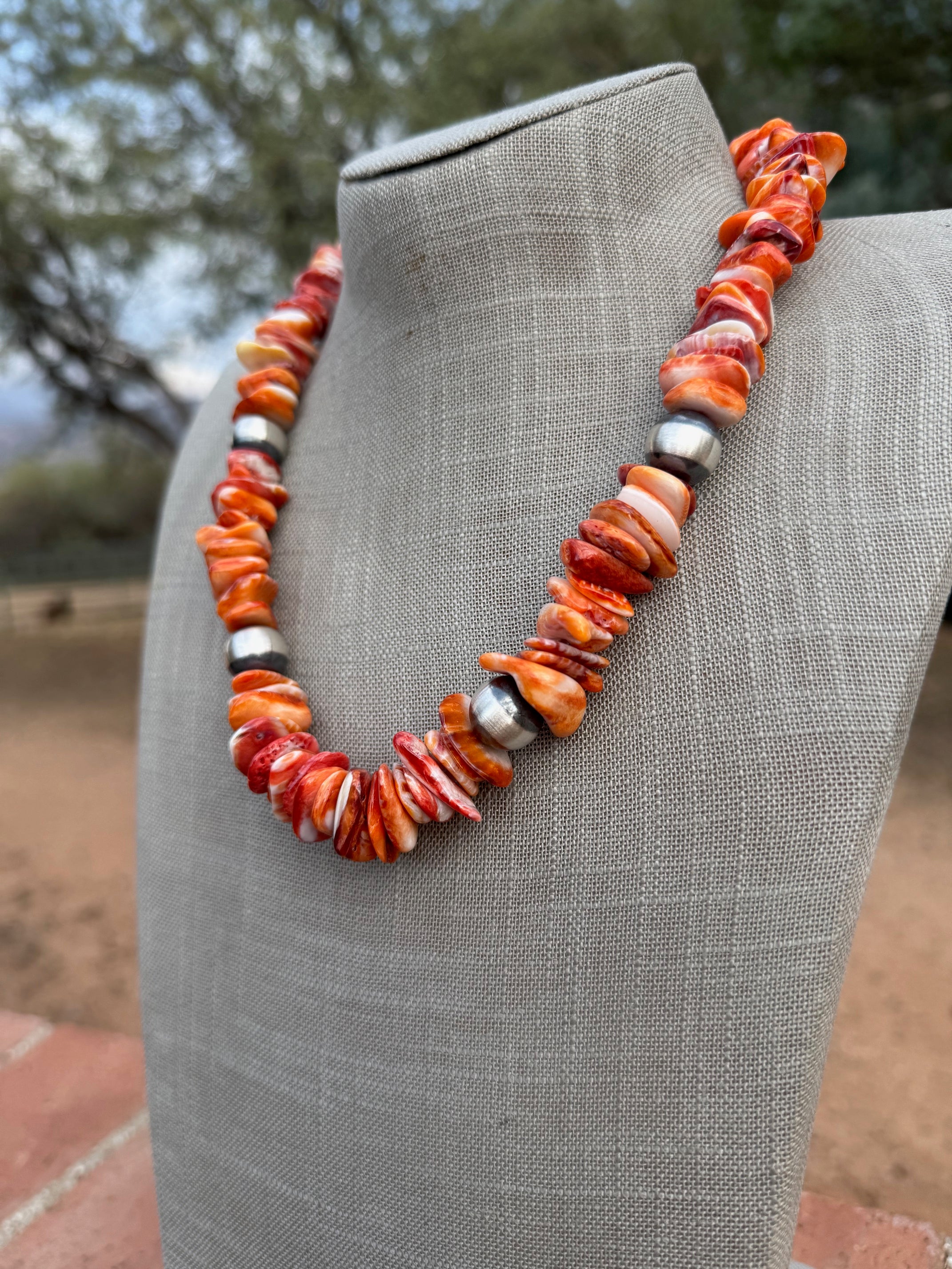 Handcrafted Orange Spiny & Sterling Silver 14mm Beaded Necklace 20"