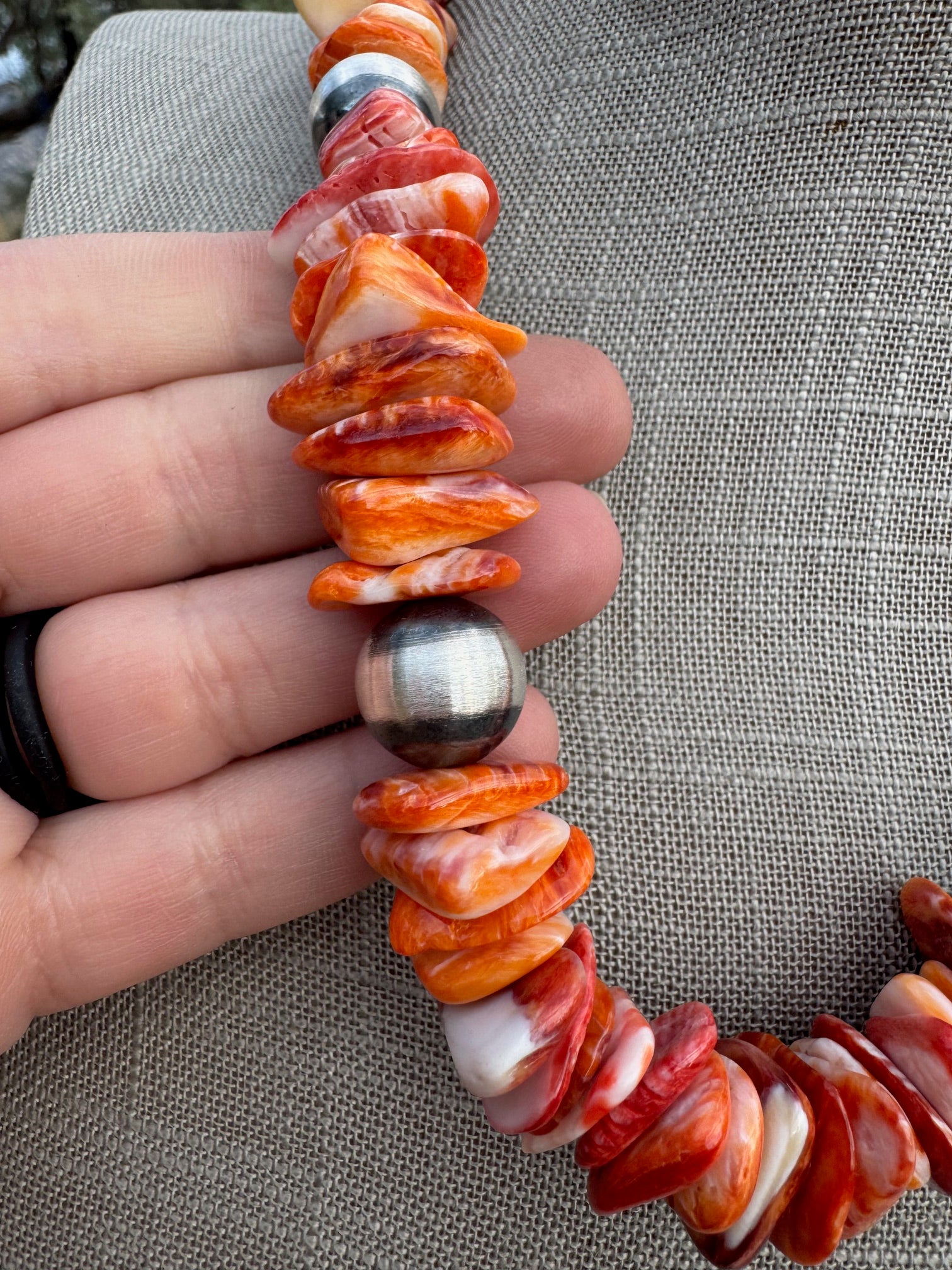 Handcrafted Orange Spiny & Sterling Silver 14mm Beaded Necklace 20"