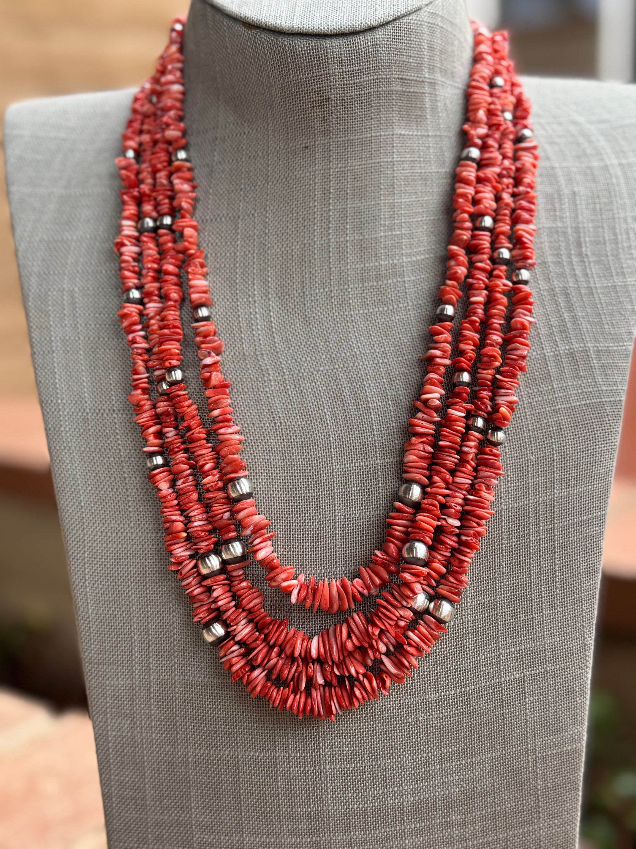 Handcrafted Coral and Sterling Silver Pearl 5-8mm Beaded Necklace 26"