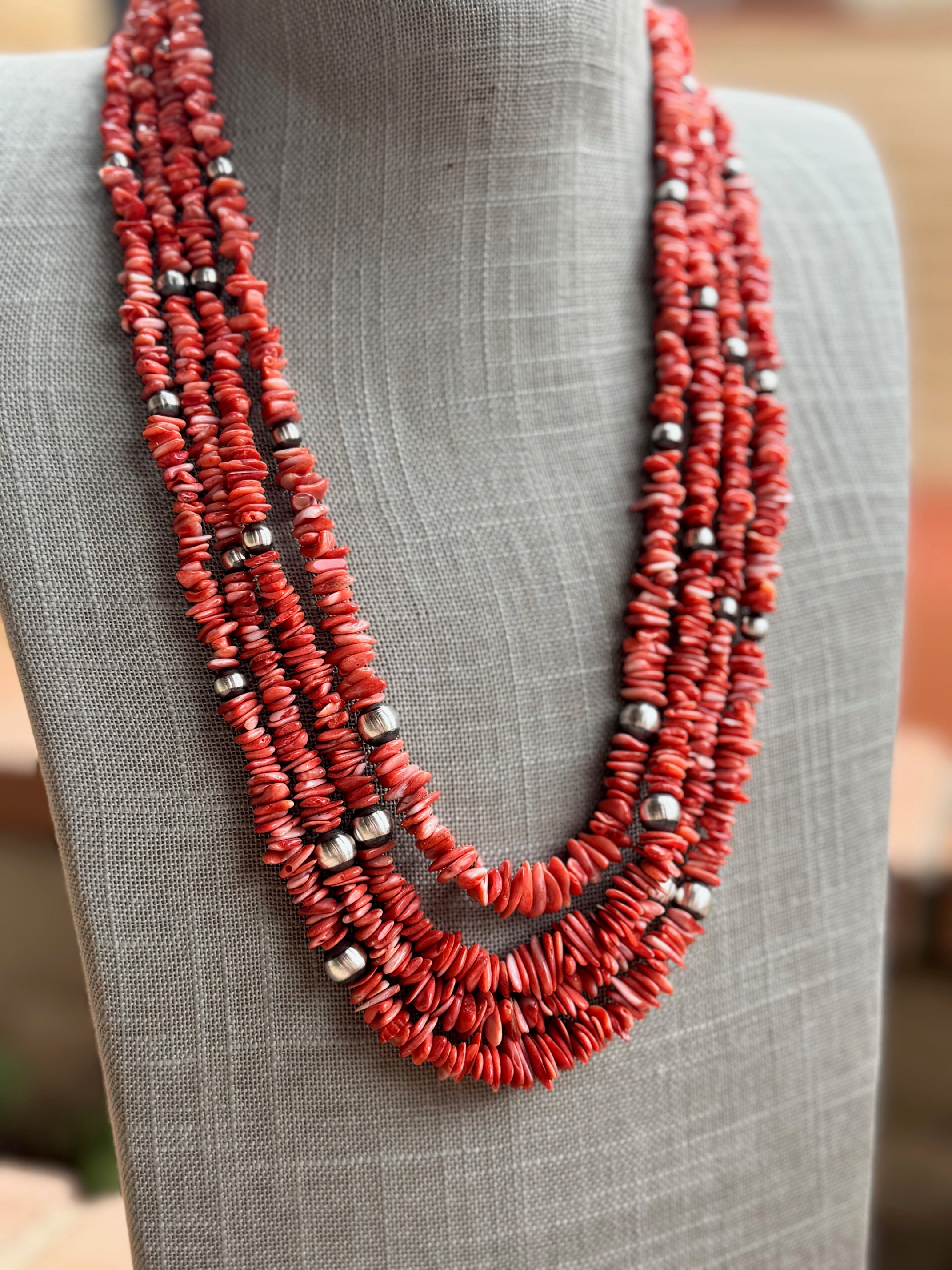 Handcrafted Coral and Sterling Silver Pearl 5-8mm Beaded Necklace 26"