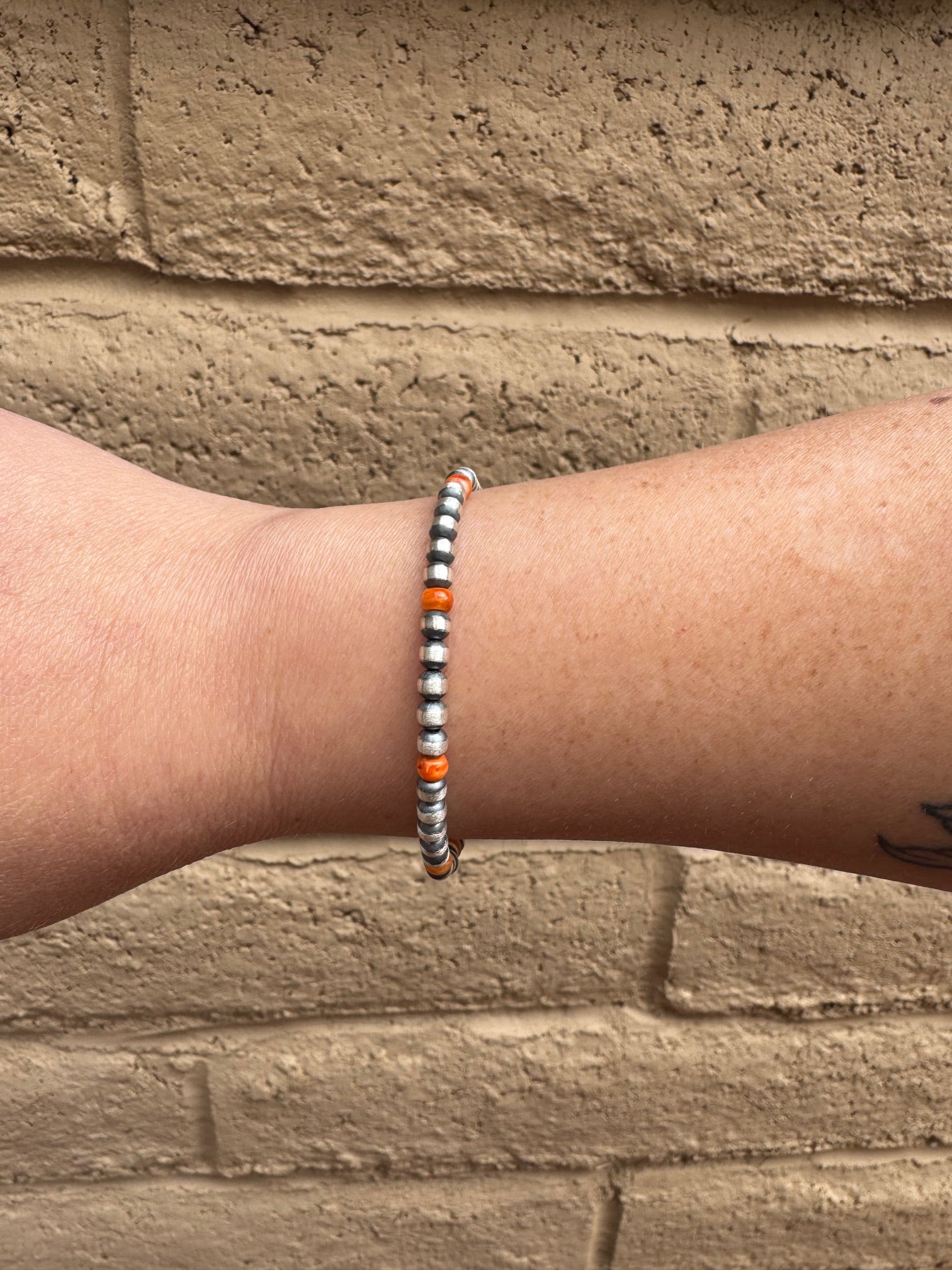 Handcrafted Orange Spiny & Sterling Silver 4mm Beaded Bracelet 7.5"