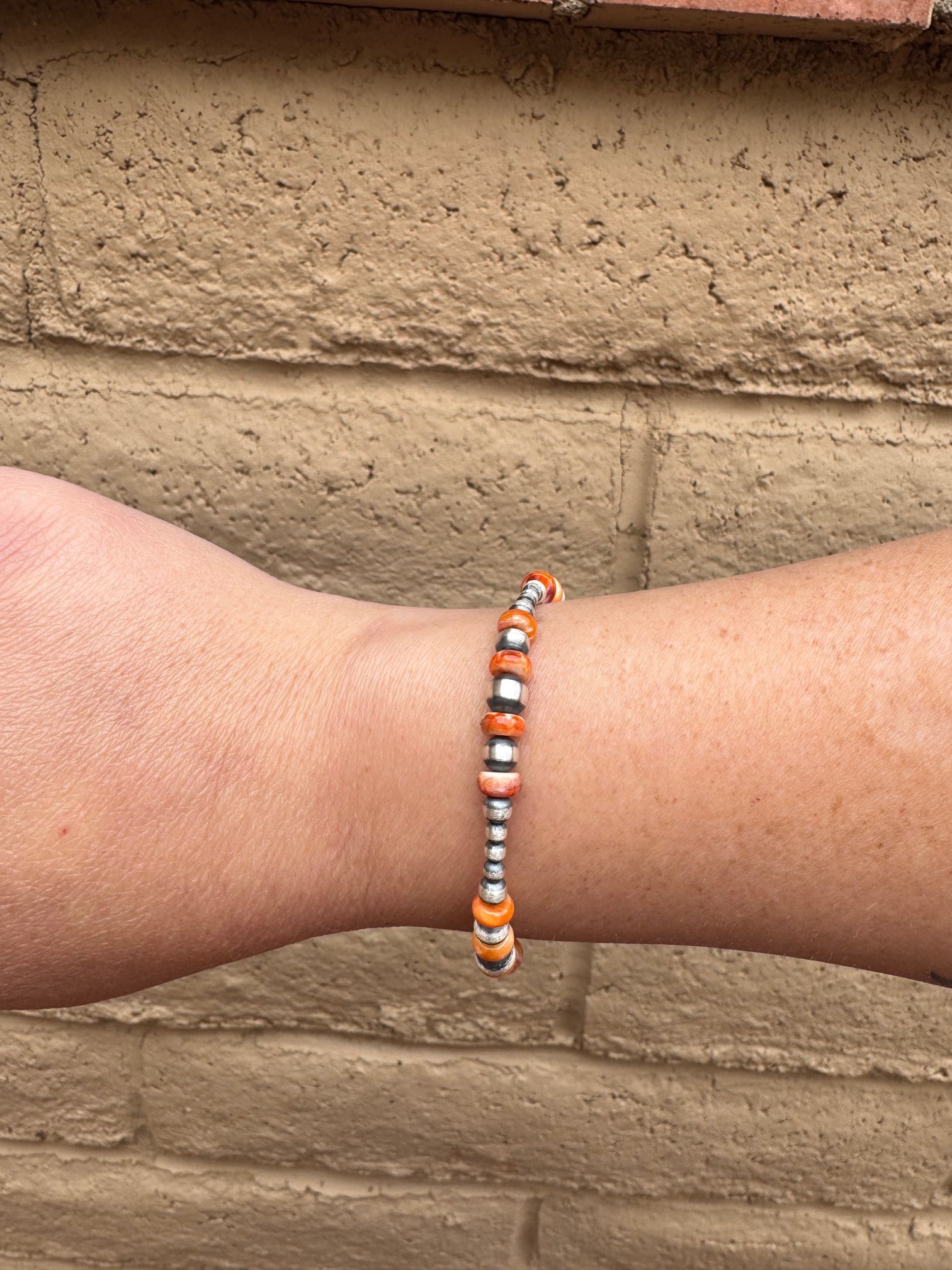 Handcrafted Orange Spiny & Sterling Silver 3-6mm Beaded Bracelet 7.5"