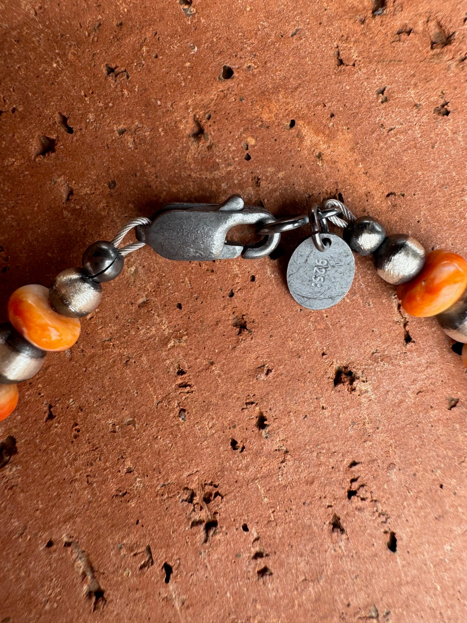 Handcrafted Orange Spiny & Sterling Silver 3-6mm Beaded Bracelet 7.5