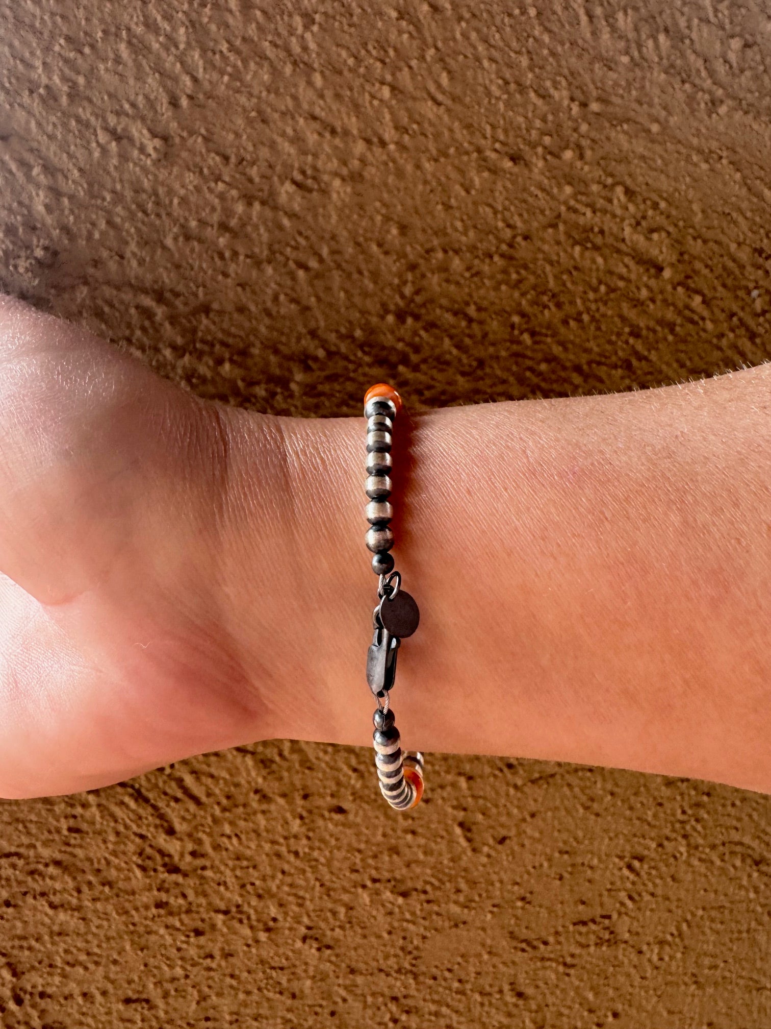 Handcrafted Orange Spiny & Sterling Silver 4-5mm Beaded Bracelet 7.5"