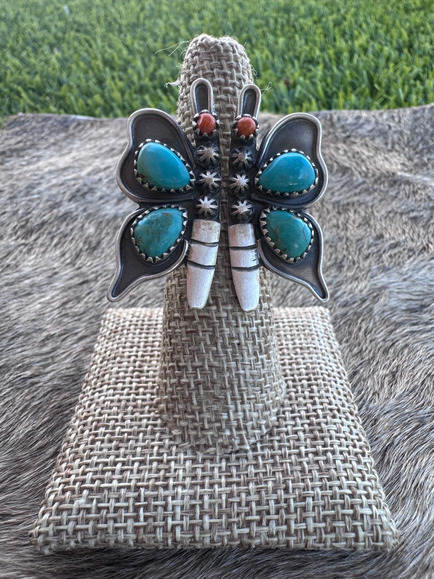 Handmade Sterling Silver Kingman Turquoise with Orange Mojave Butterfly Adjustable Ring "Signed Nizhoni"