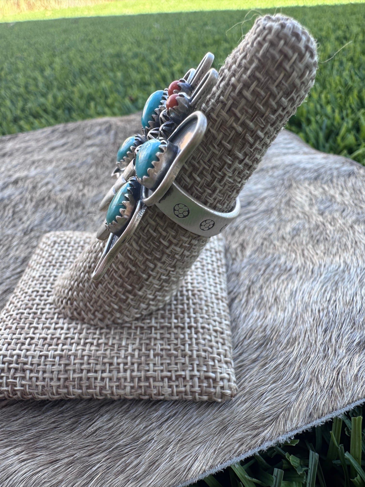 Handmade Sterling Silver Kingman Turquoise with Orange Mojave Butterfly Adjustable Ring "Signed Nizhoni"