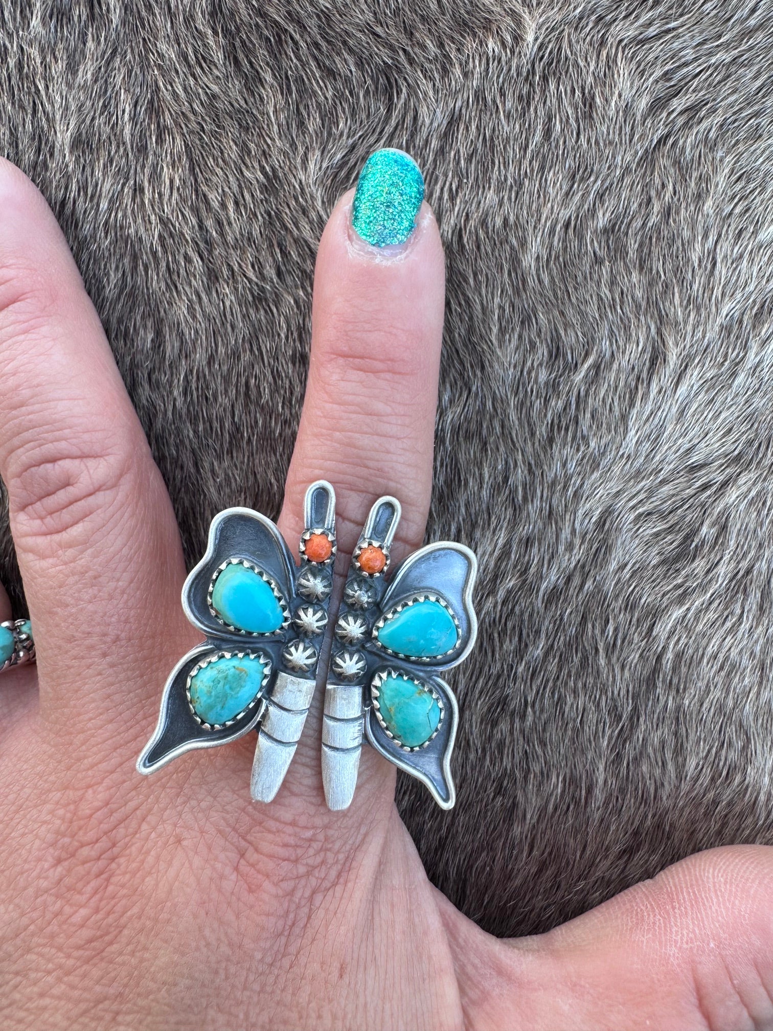 Handmade Sterling Silver Kingman Turquoise with Orange Mojave Butterfly Adjustable Ring "Signed Nizhoni"