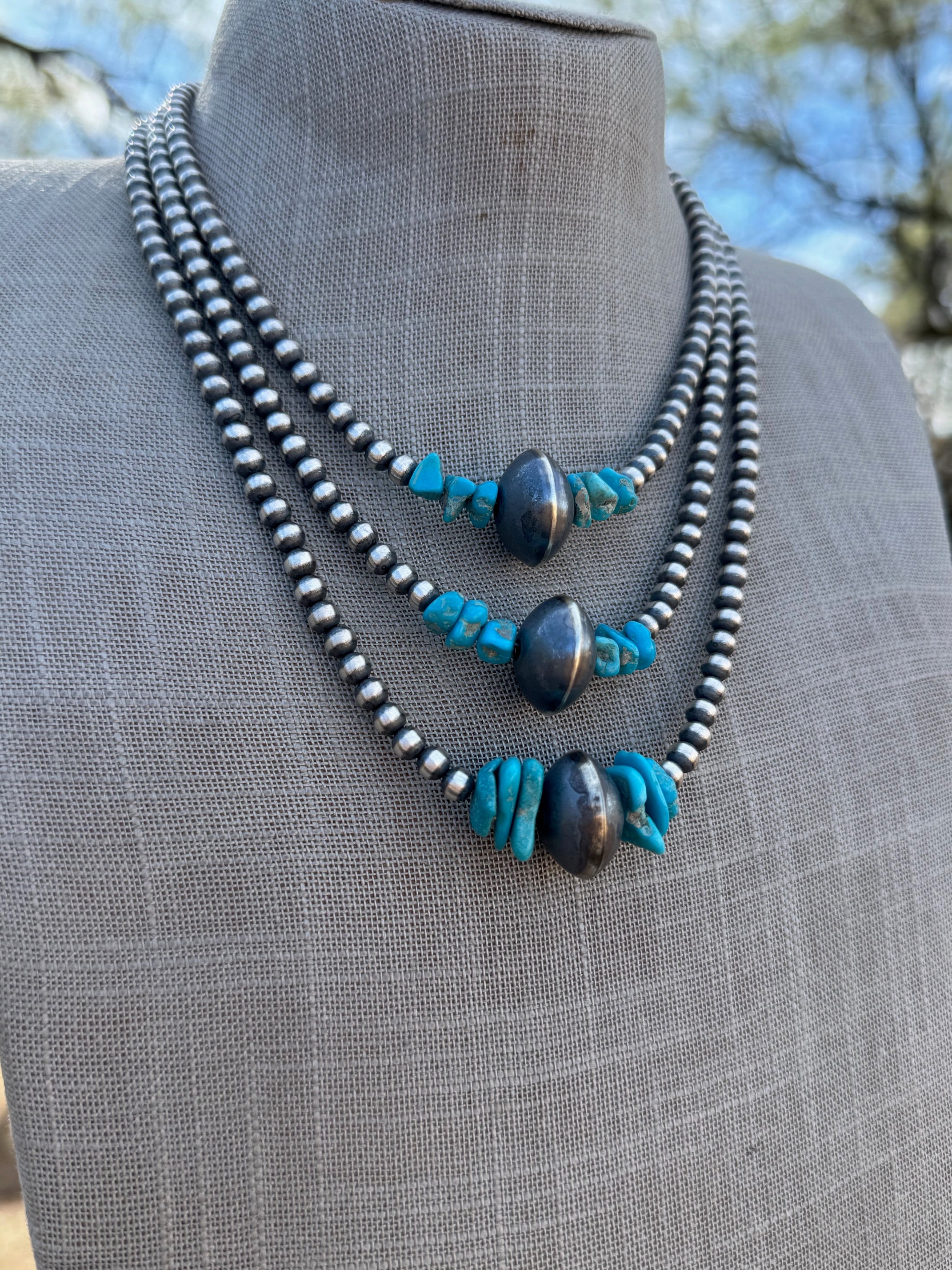 Handcrafted Kingman Turquoise & Sterling Silver 4-14mm Beaded Necklace