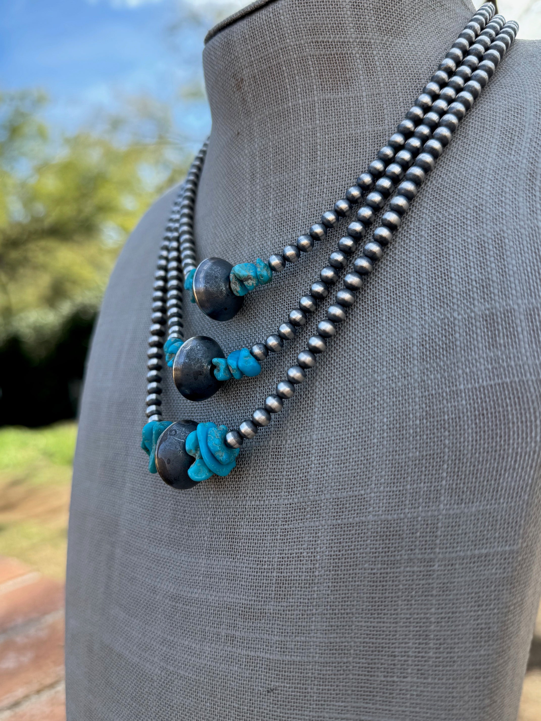 Handcrafted Kingman Turquoise & Sterling Silver 4-14mm Beaded Necklace