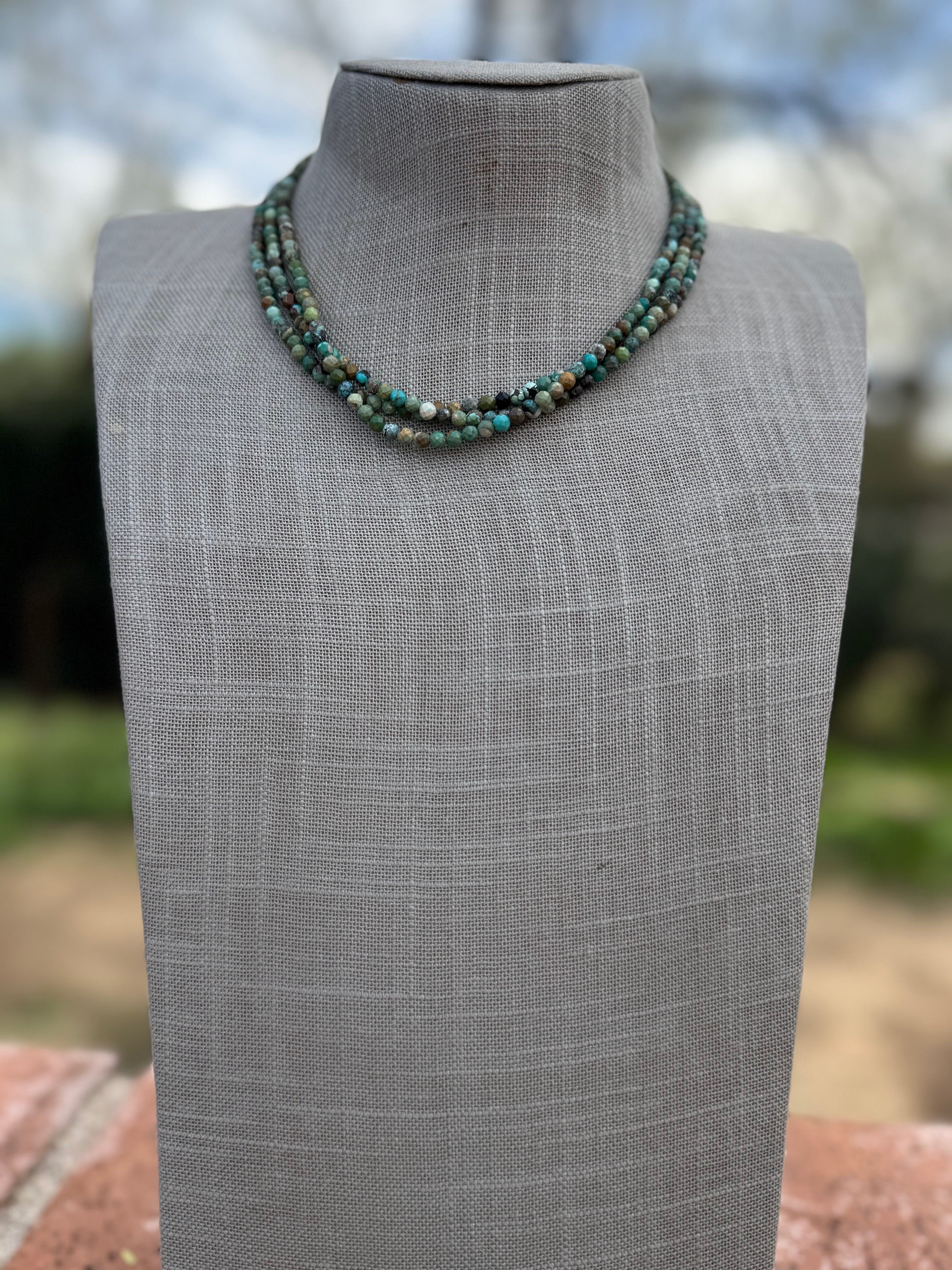 Handcrafted Diamond Cut Turquoise & Sterling Silver 3mm Beaded Necklace 16" with 2" extender