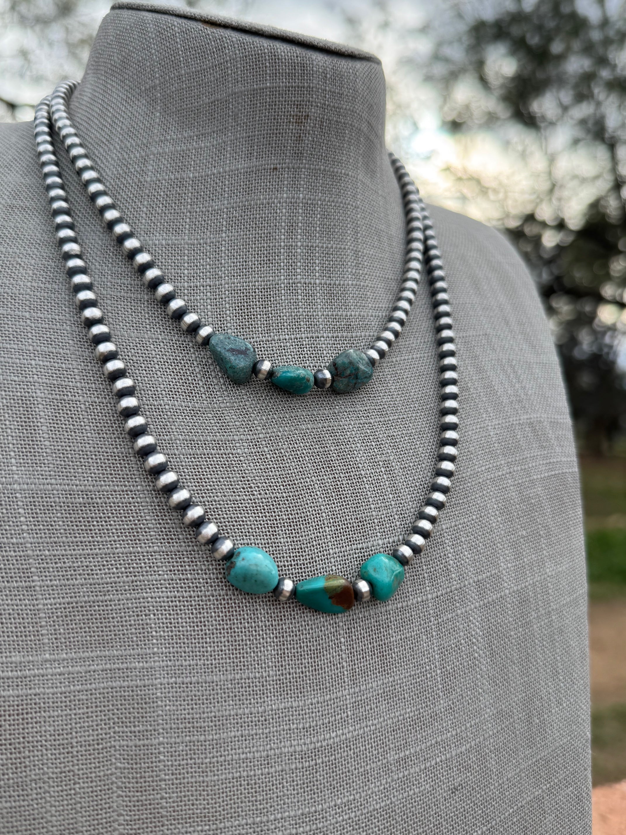 Handcrafted Kingman Turquoise & Sterling Silver 5mm Beaded Necklace