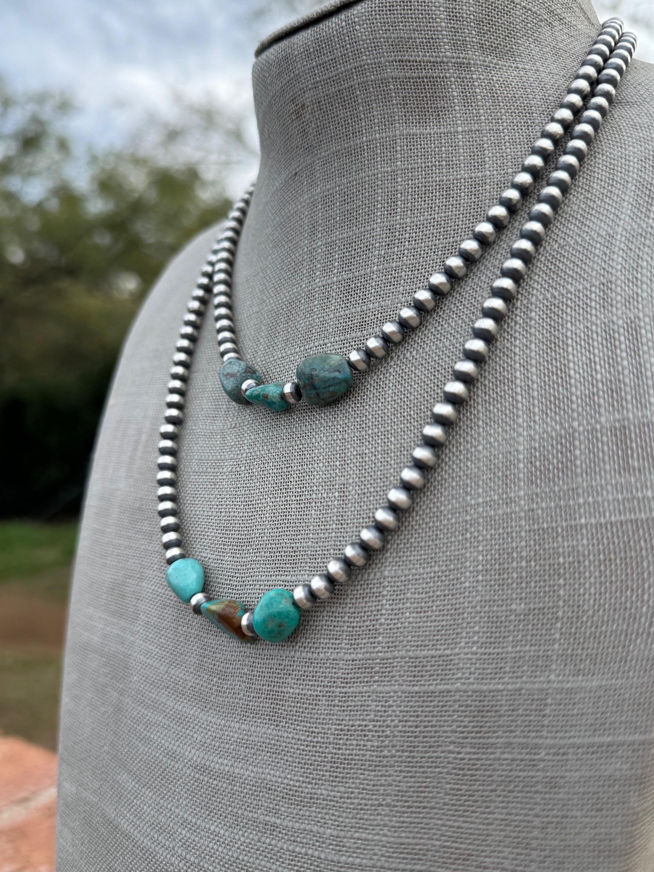 Handcrafted Kingman Turquoise & Sterling Silver 5mm Beaded Necklace