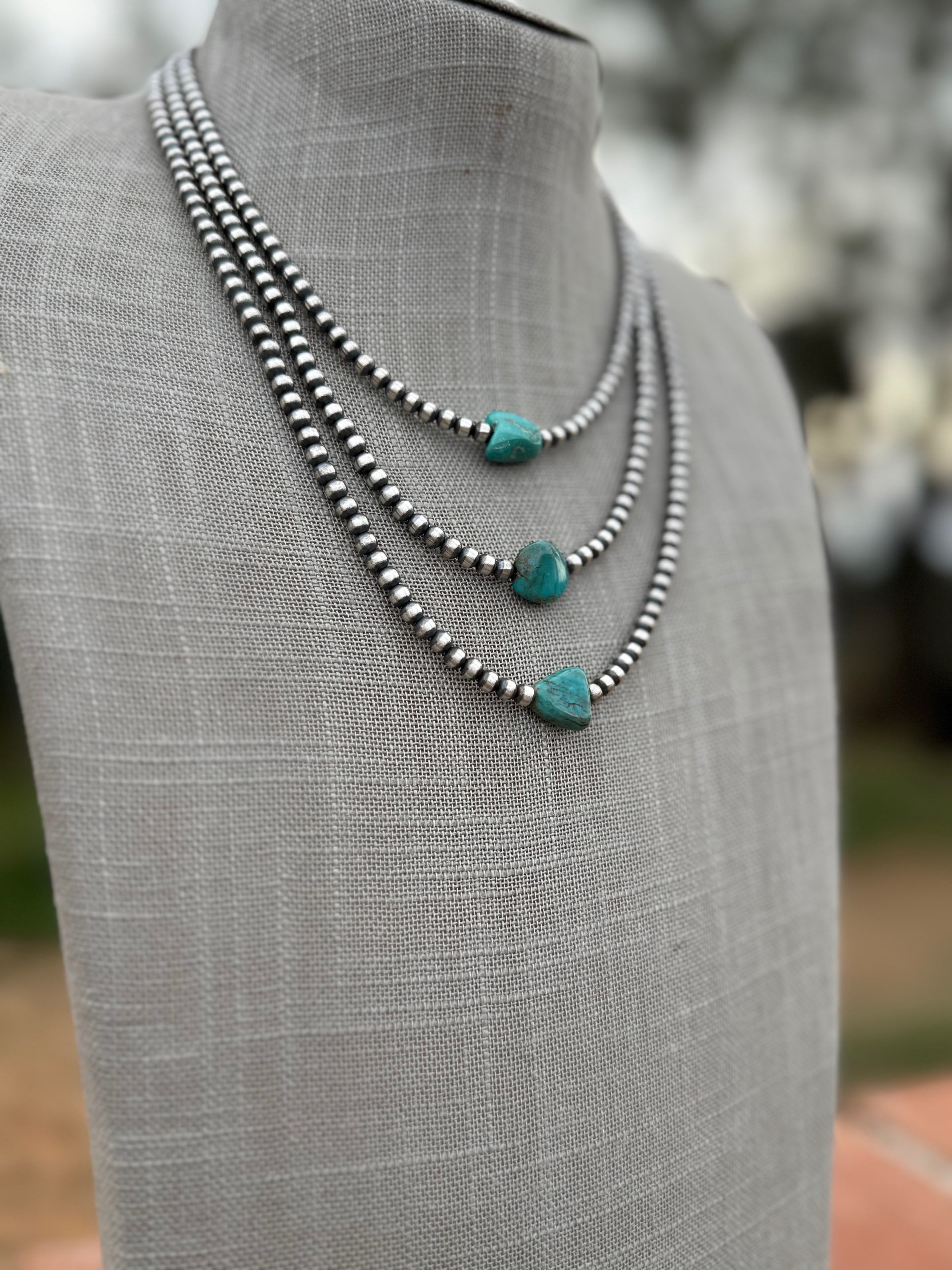 Handcrafted Kingman Turquoise & Sterling Silver 4mm Beaded Necklace