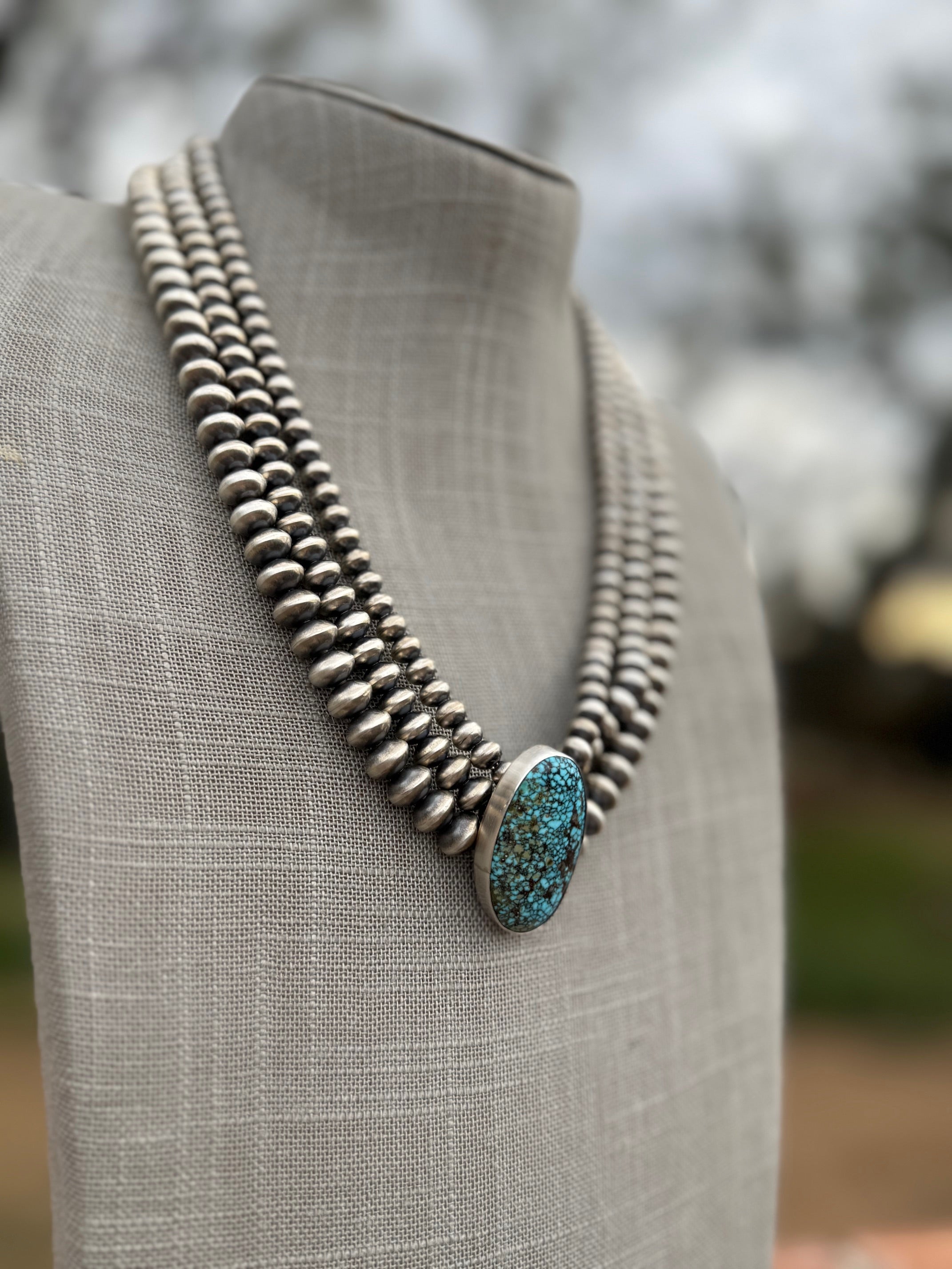 Handcrafted Kingman Webb Turquoise & Sterling Silver Beaded 3 Strand 6mm Beaded Necklace 20"