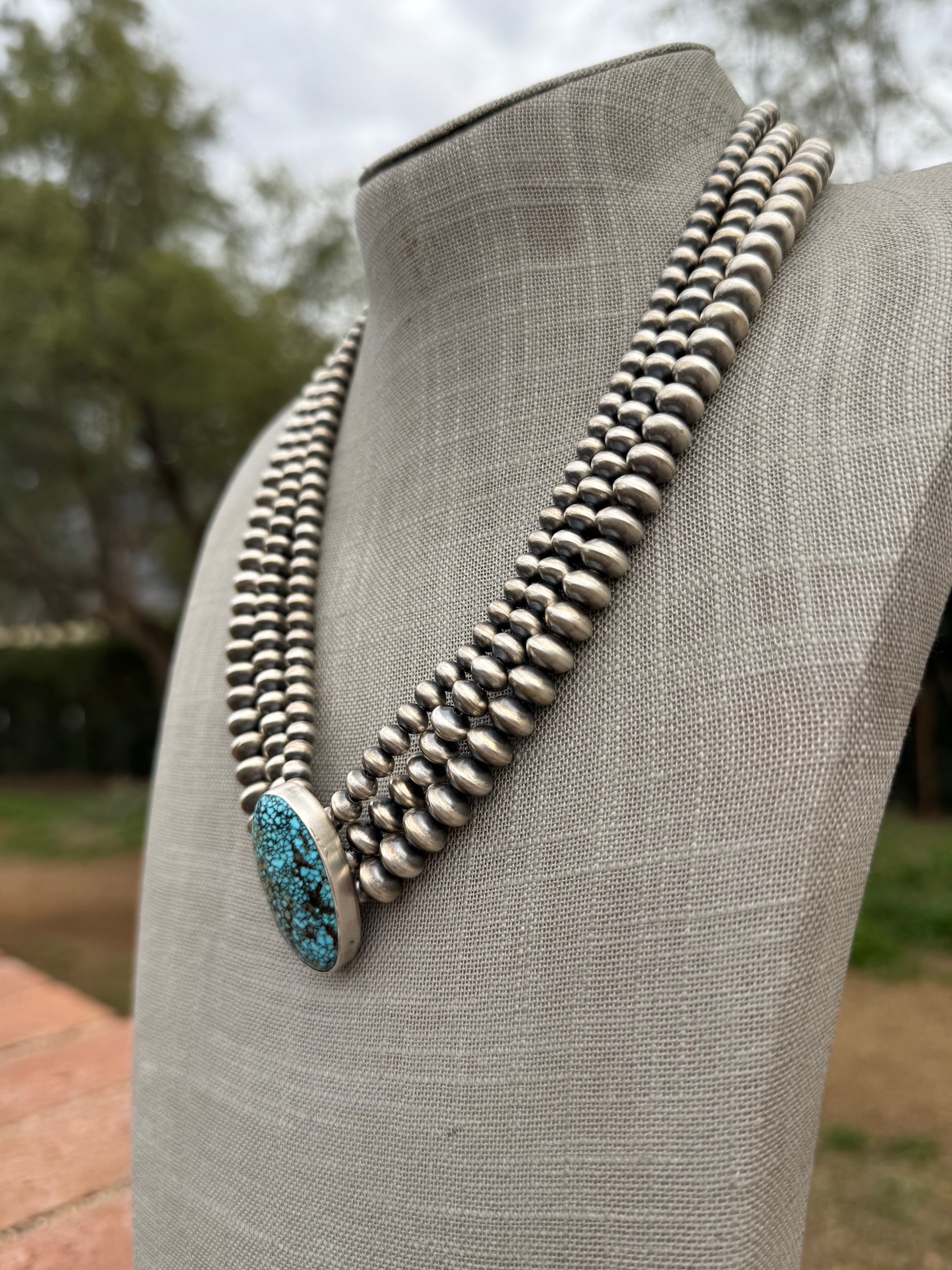 Handcrafted Kingman Webb Turquoise & Sterling Silver Beaded 3 Strand 6mm Beaded Necklace 20"