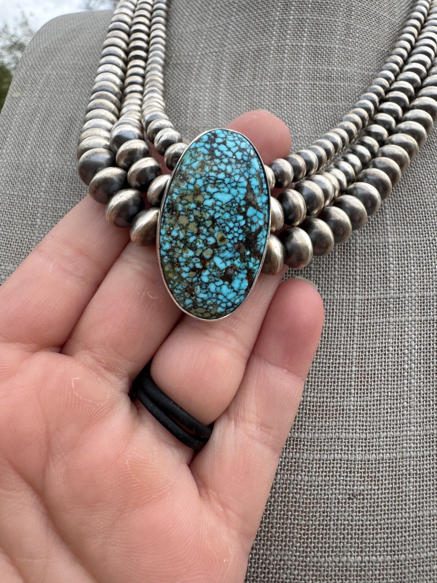 Handcrafted Kingman Webb Turquoise & Sterling Silver Beaded 3 Strand 6mm Beaded Necklace 20"