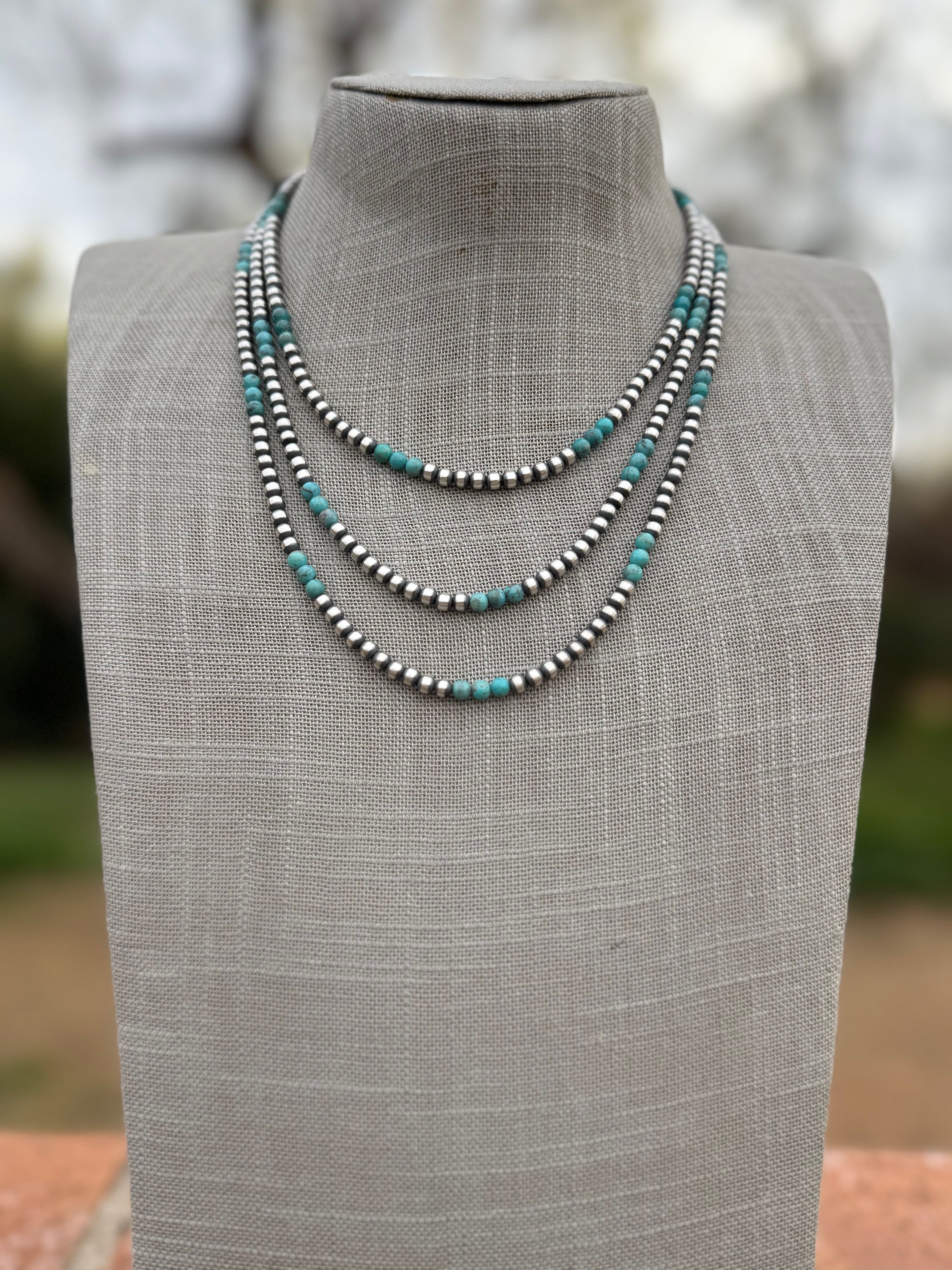 Handcrafted Turquoise & Sterling Silver Pearl 4mm Beaded Necklace