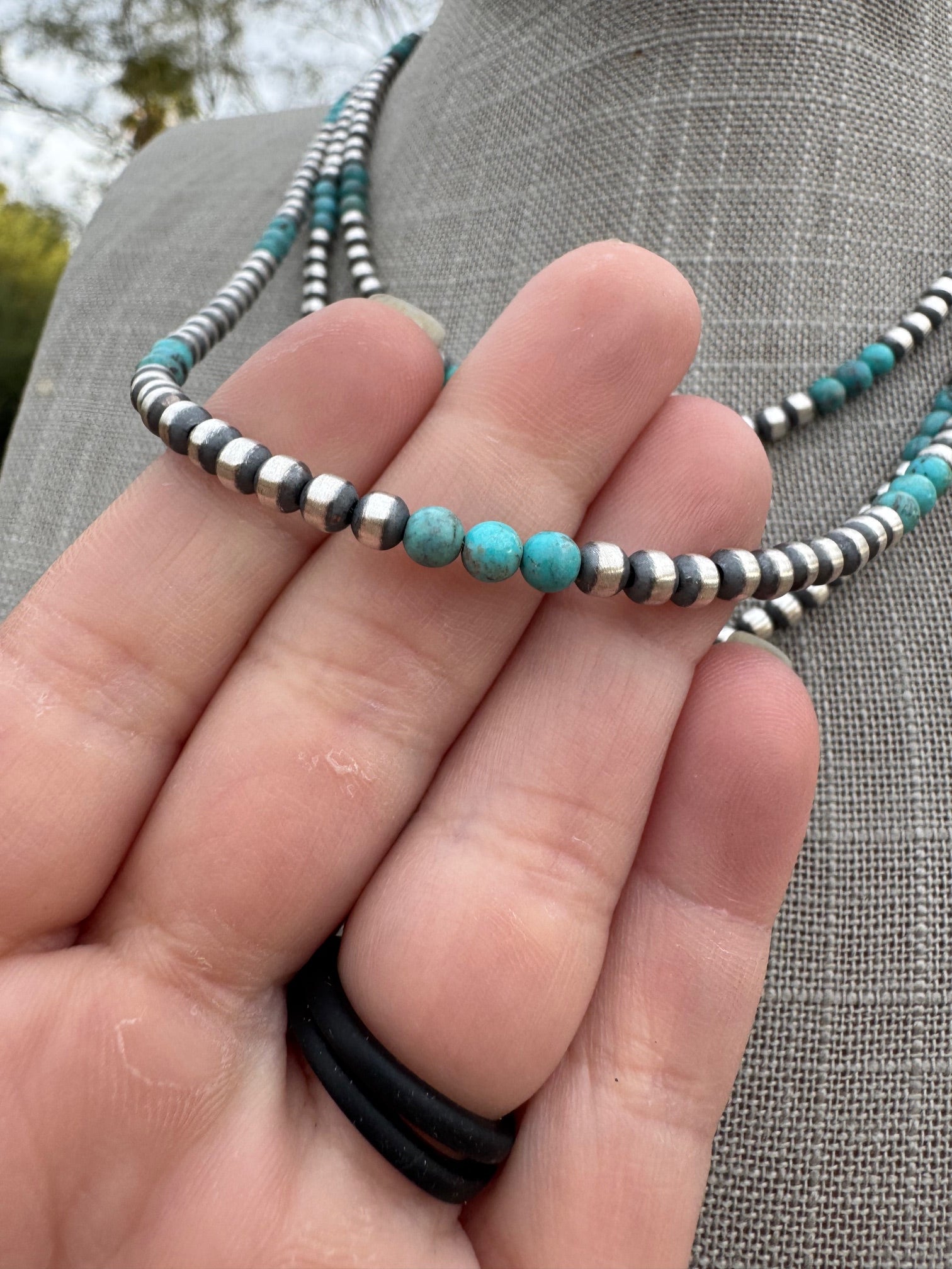 Handcrafted Turquoise & Sterling Silver Pearl 4mm Beaded Necklace