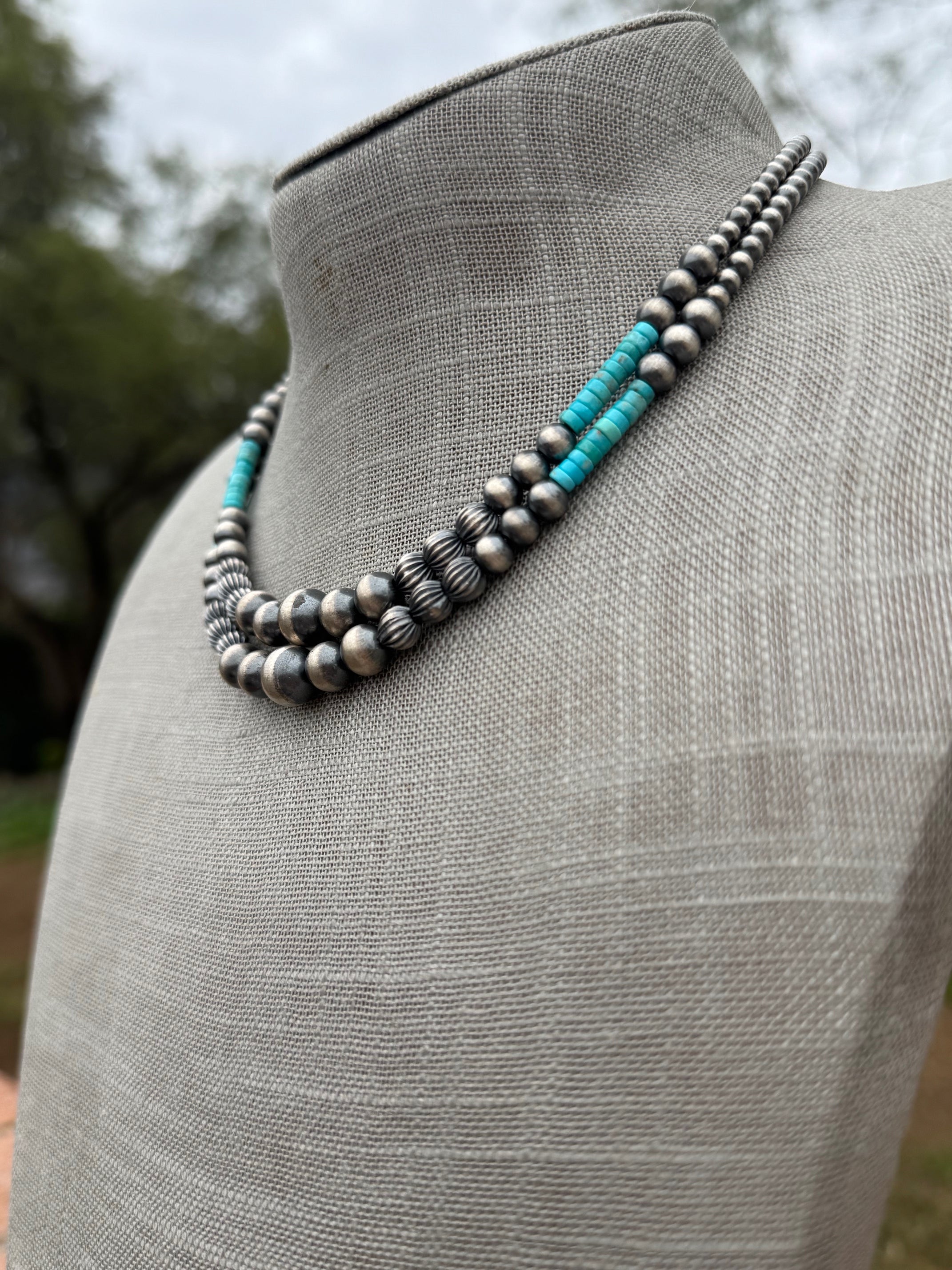 Handmade Rolled Kingman Turquoise and Sterling Silver 4-10mm Beaded Necklace 16"