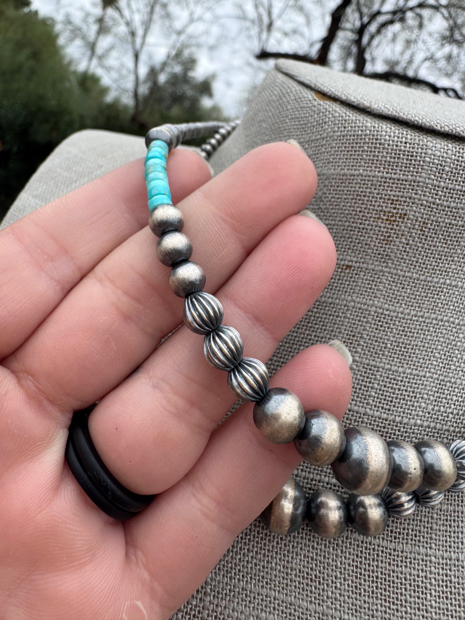 Handmade Rolled Kingman Turquoise and Sterling Silver 4-10mm Beaded Necklace 16"