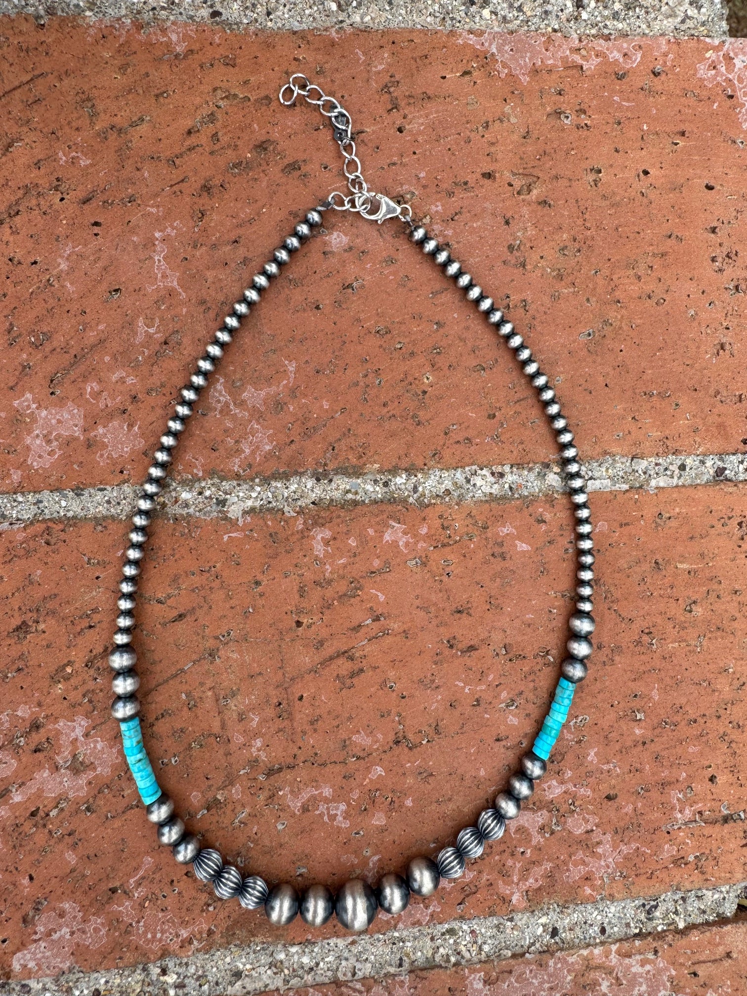 Handmade Rolled Kingman Turquoise and Sterling Silver 4-10mm Beaded Necklace 16"