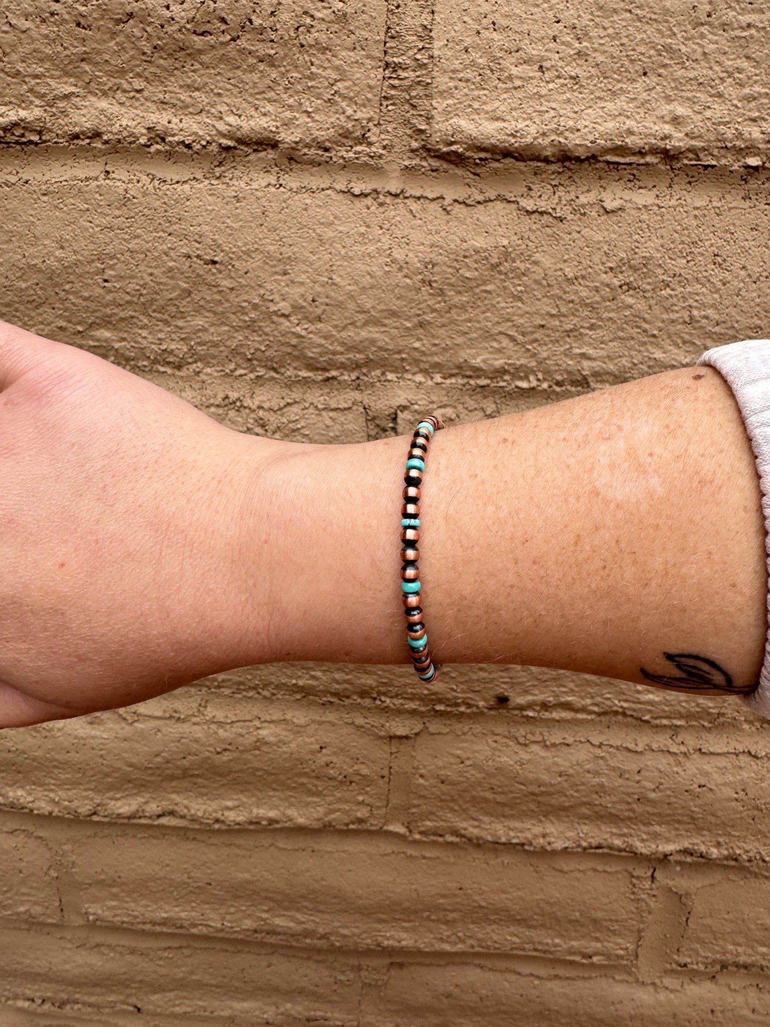 Handcrafted Copper & Turquoise 4mm Beaded Bracelet 7"