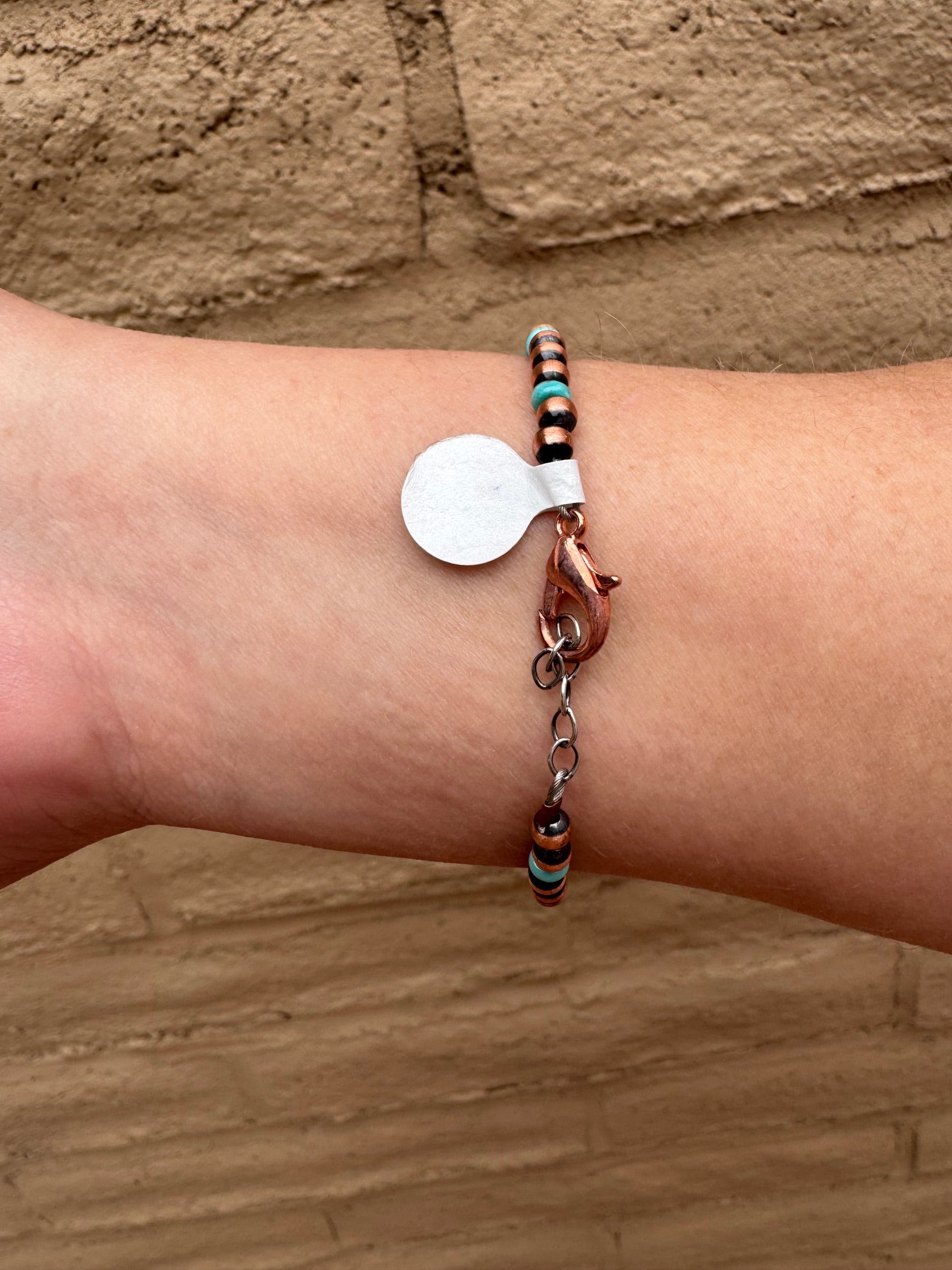 Handcrafted Copper & Turquoise 4mm Beaded Bracelet 7"