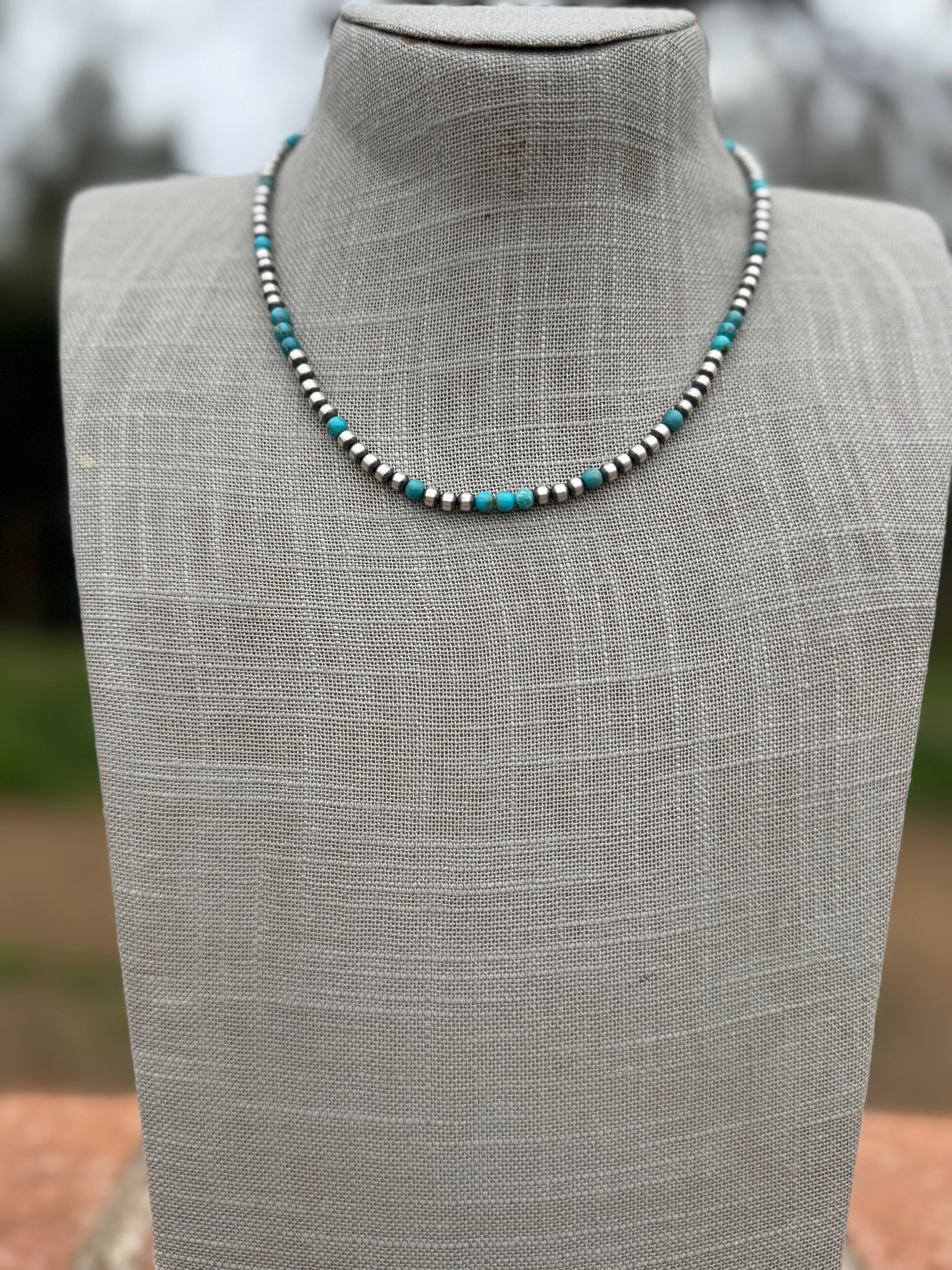 Handcrafted Turquoise And Sterling Silver 4mm Beaded Necklace 17"