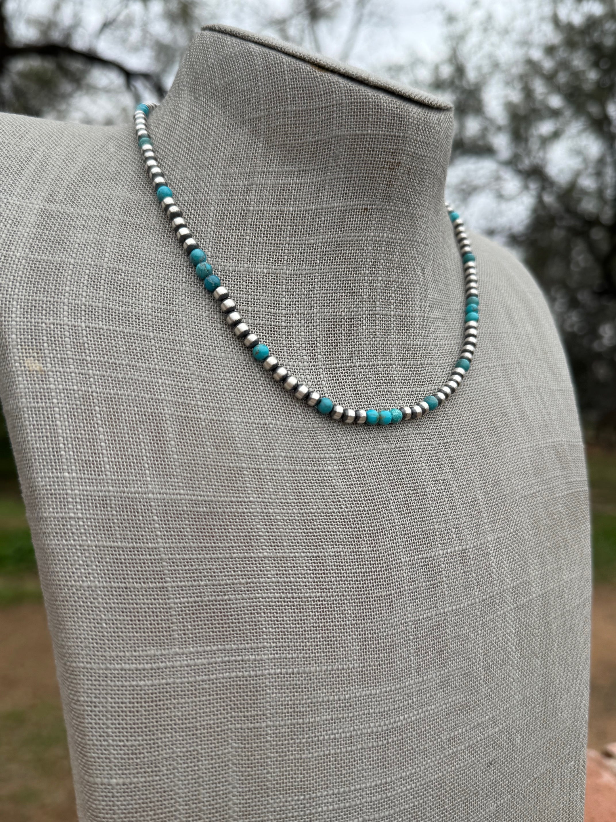 Handcrafted Turquoise And Sterling Silver 4mm Beaded Necklace 17"
