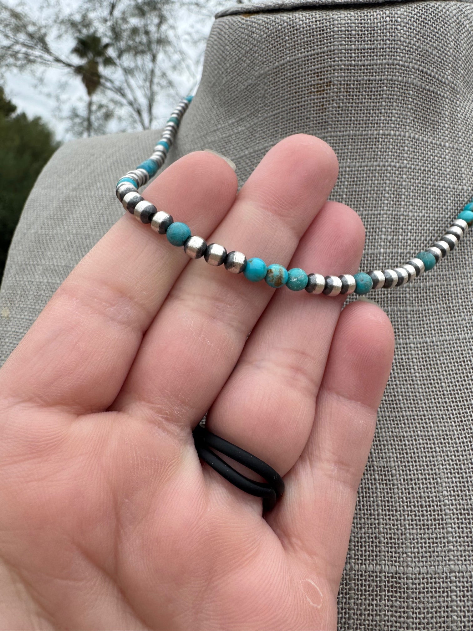 Handcrafted Turquoise And Sterling Silver 4mm Beaded Necklace 17"