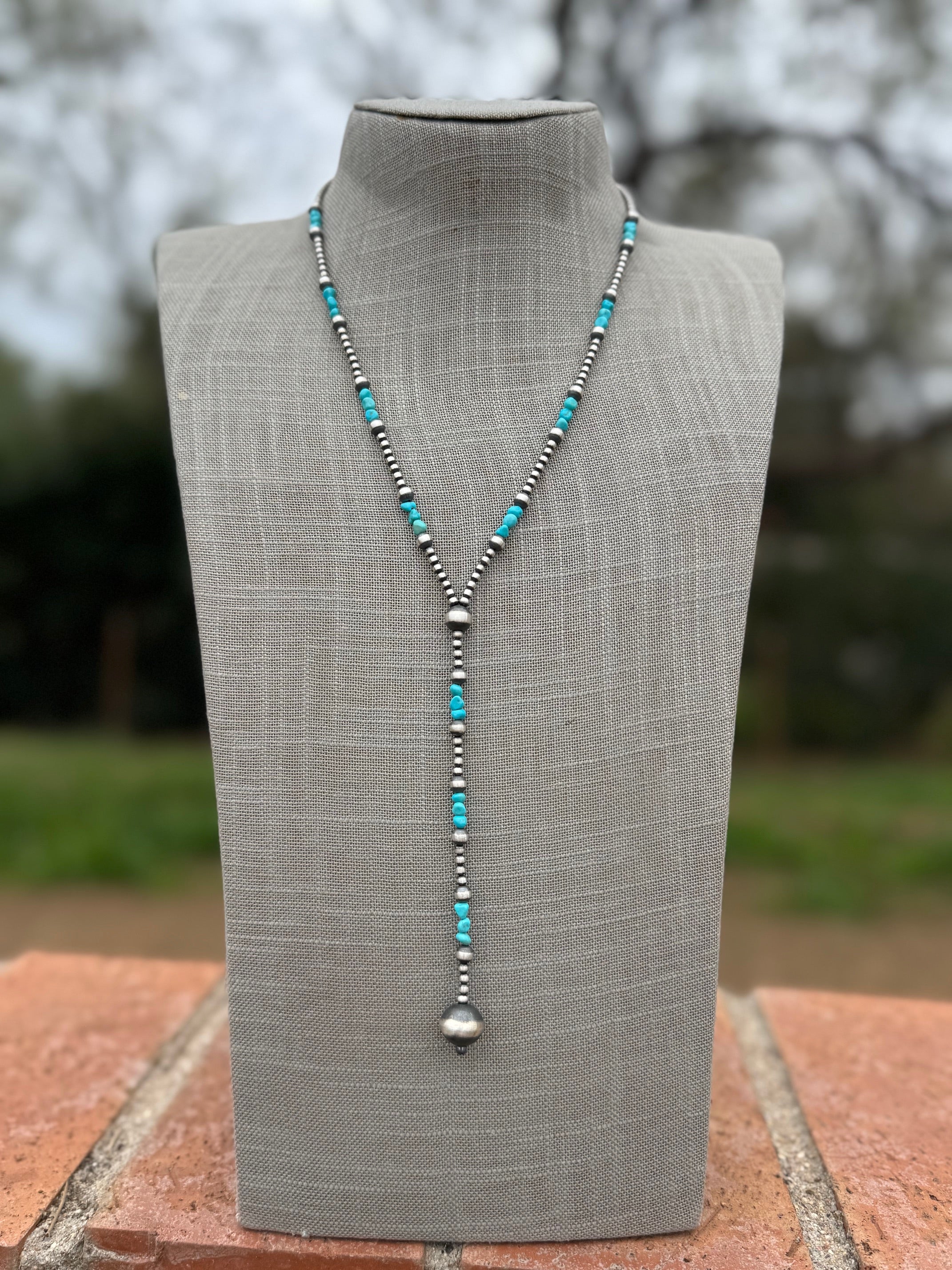 Handcrafted Turquoise & Sterling Silver 3-12mm Beaded Lariat Necklace 20"