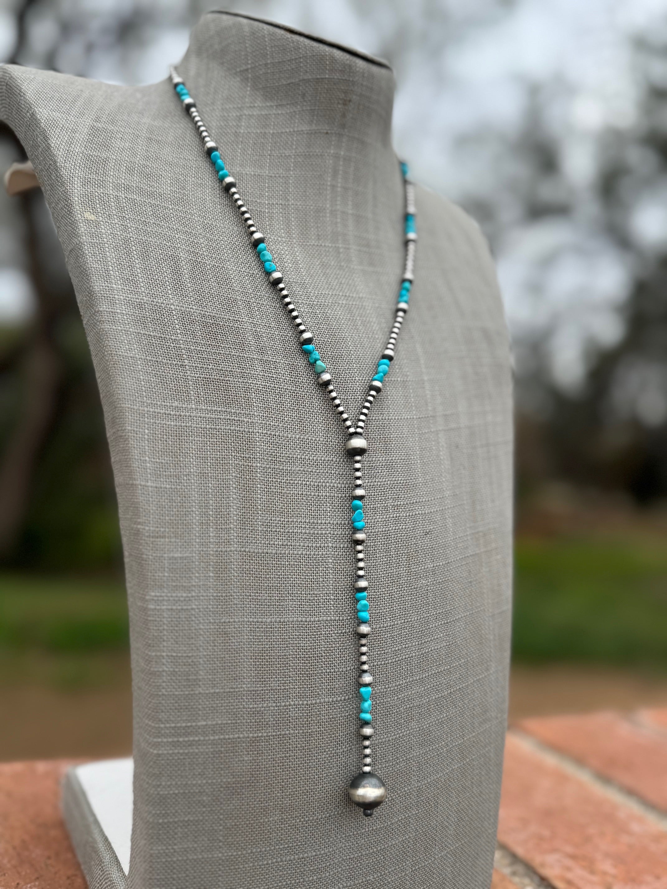 Handcrafted Turquoise & Sterling Silver 3-12mm Beaded Lariat Necklace 20"