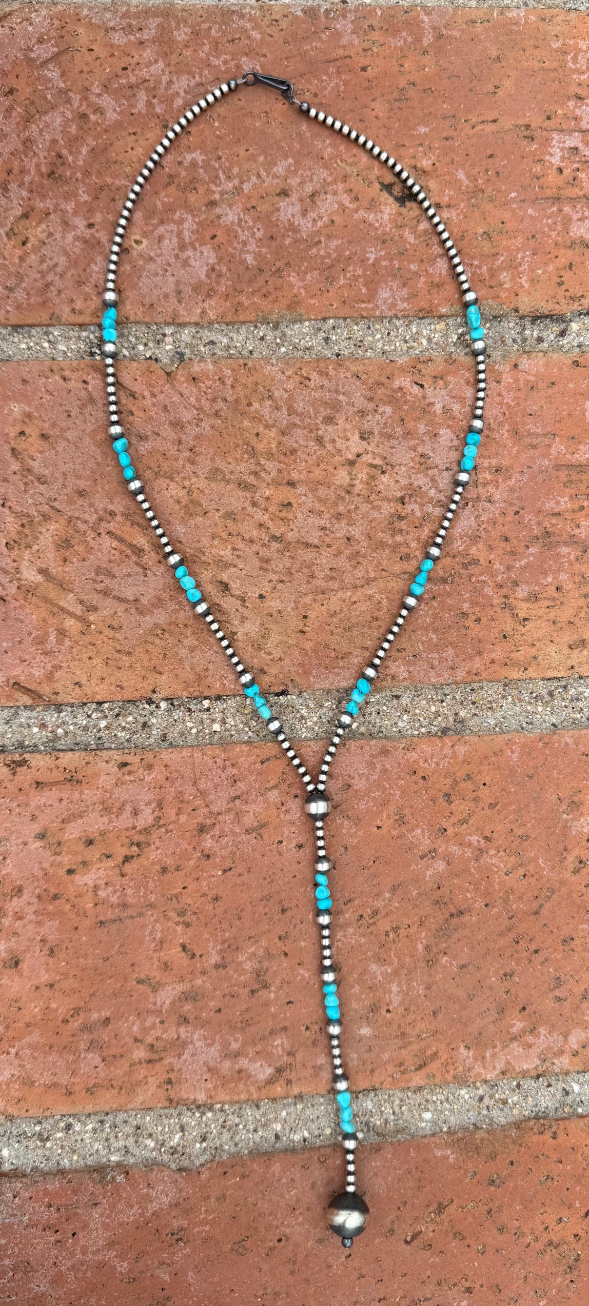 Handcrafted Turquoise & Sterling Silver 3-12mm Beaded Lariat Necklace 20"