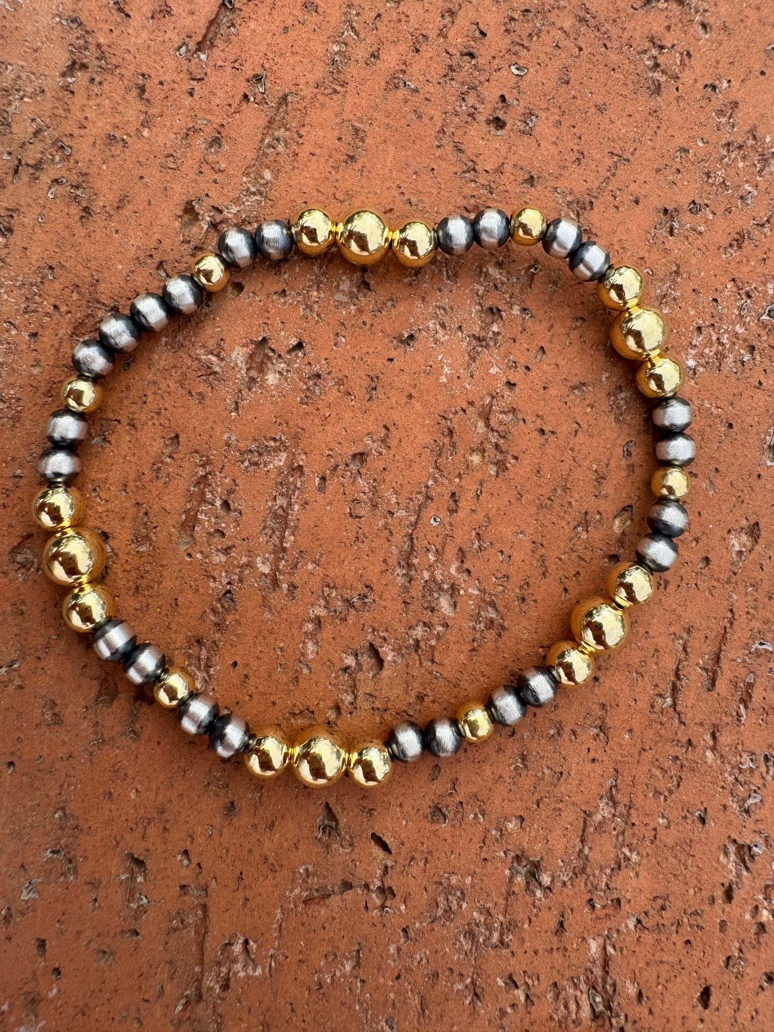 Handcrafted Sterling Silver Gold Bead 4-6mm Beaded Stretch Bracelet