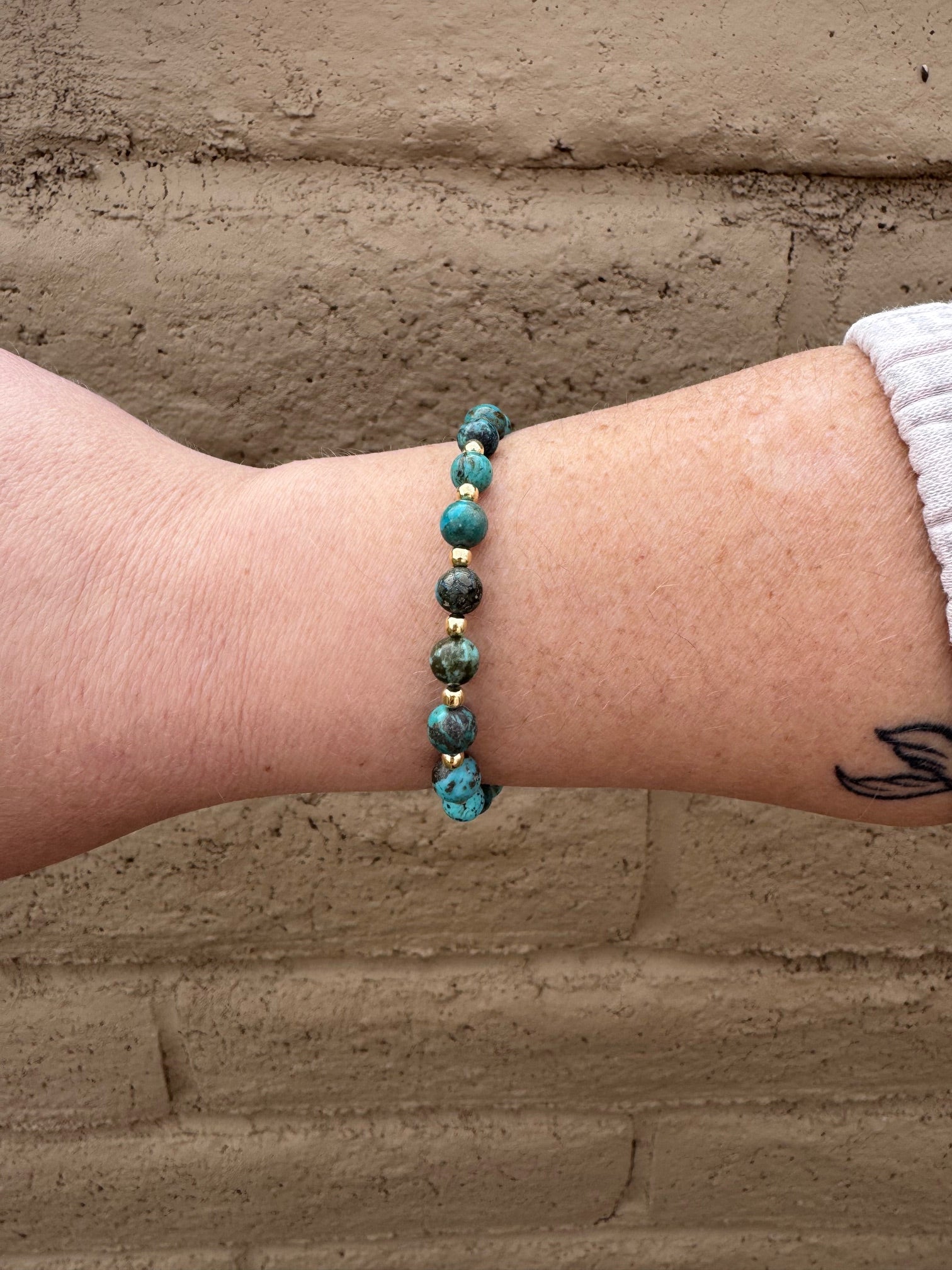 Handcrafted Hubei Turquoise 14k Gold Overlay & Sterling Silver Beaded Bracelet 7"