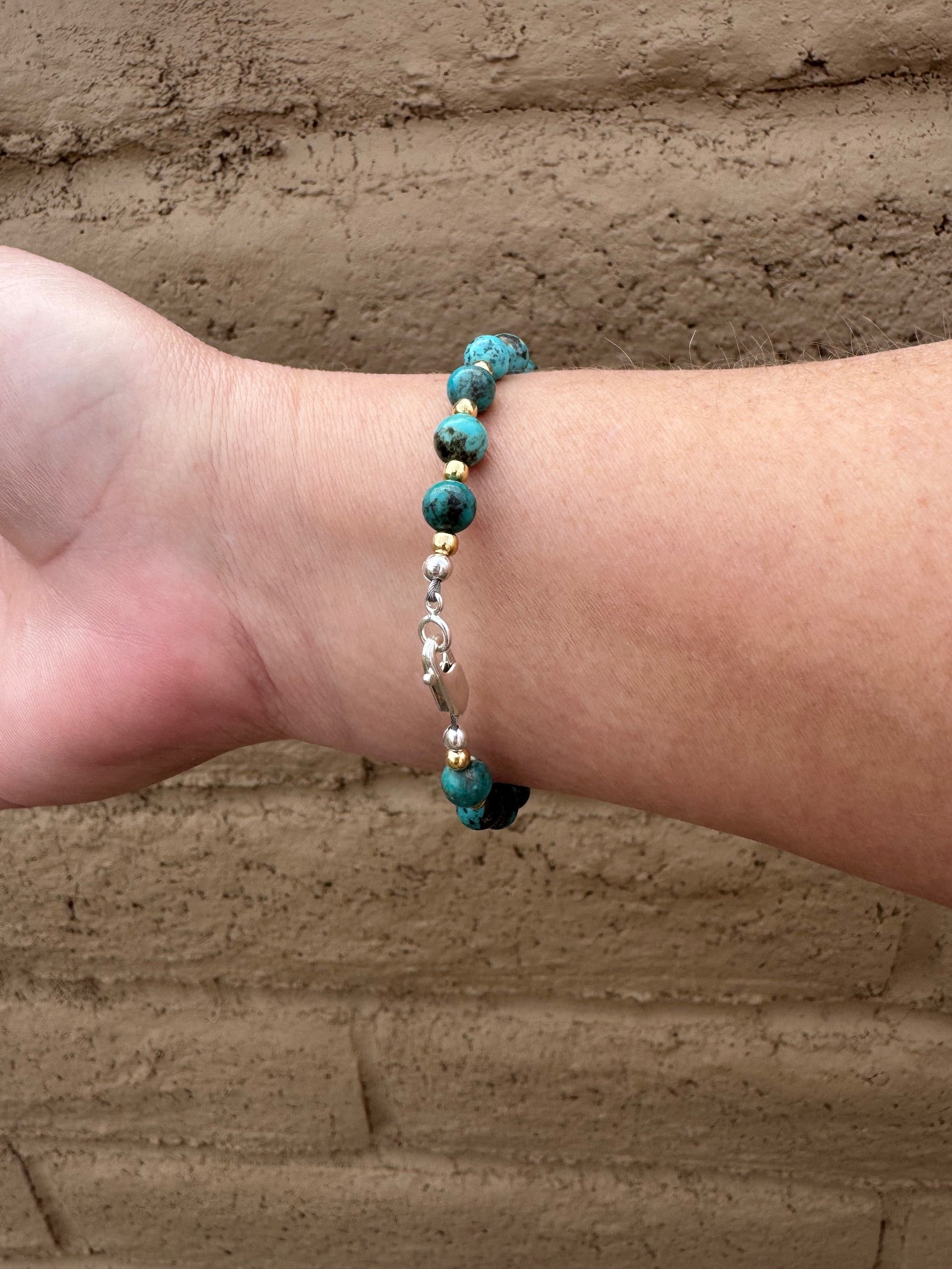 Handcrafted Hubei Turquoise 14k Gold Overlay & Sterling Silver Beaded Bracelet 7"