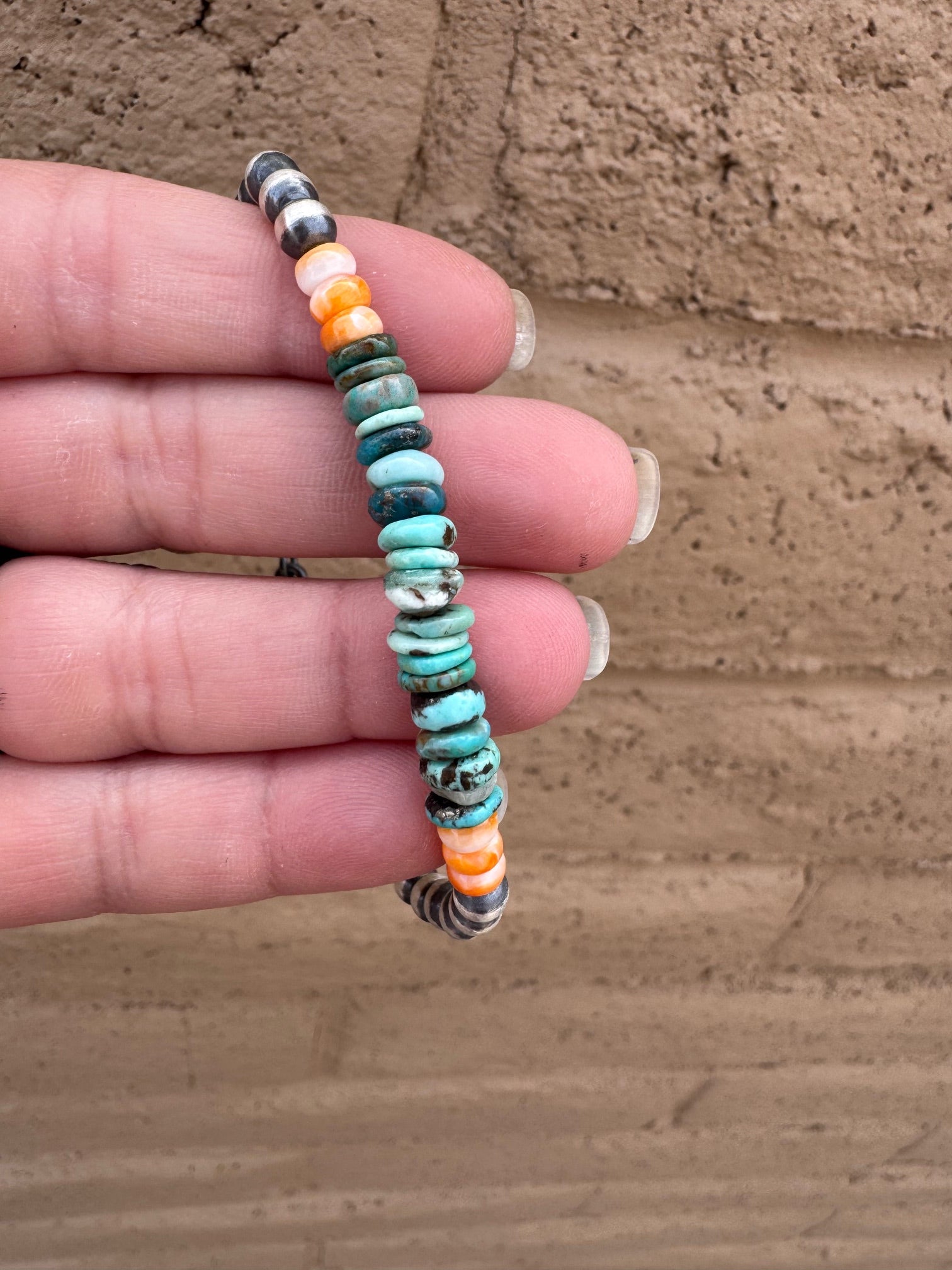 Handcrafted Orange Spiny, Turquoise & Sterling Silver 5mm Beaded Bracelet 7.5"