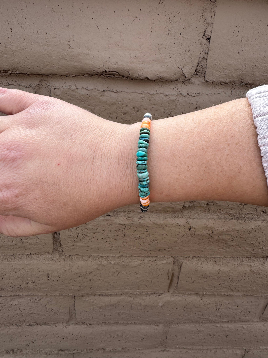 Handcrafted Orange Spiny, Turquoise & Sterling Silver 5mm Beaded Stretch Bracelet 7"