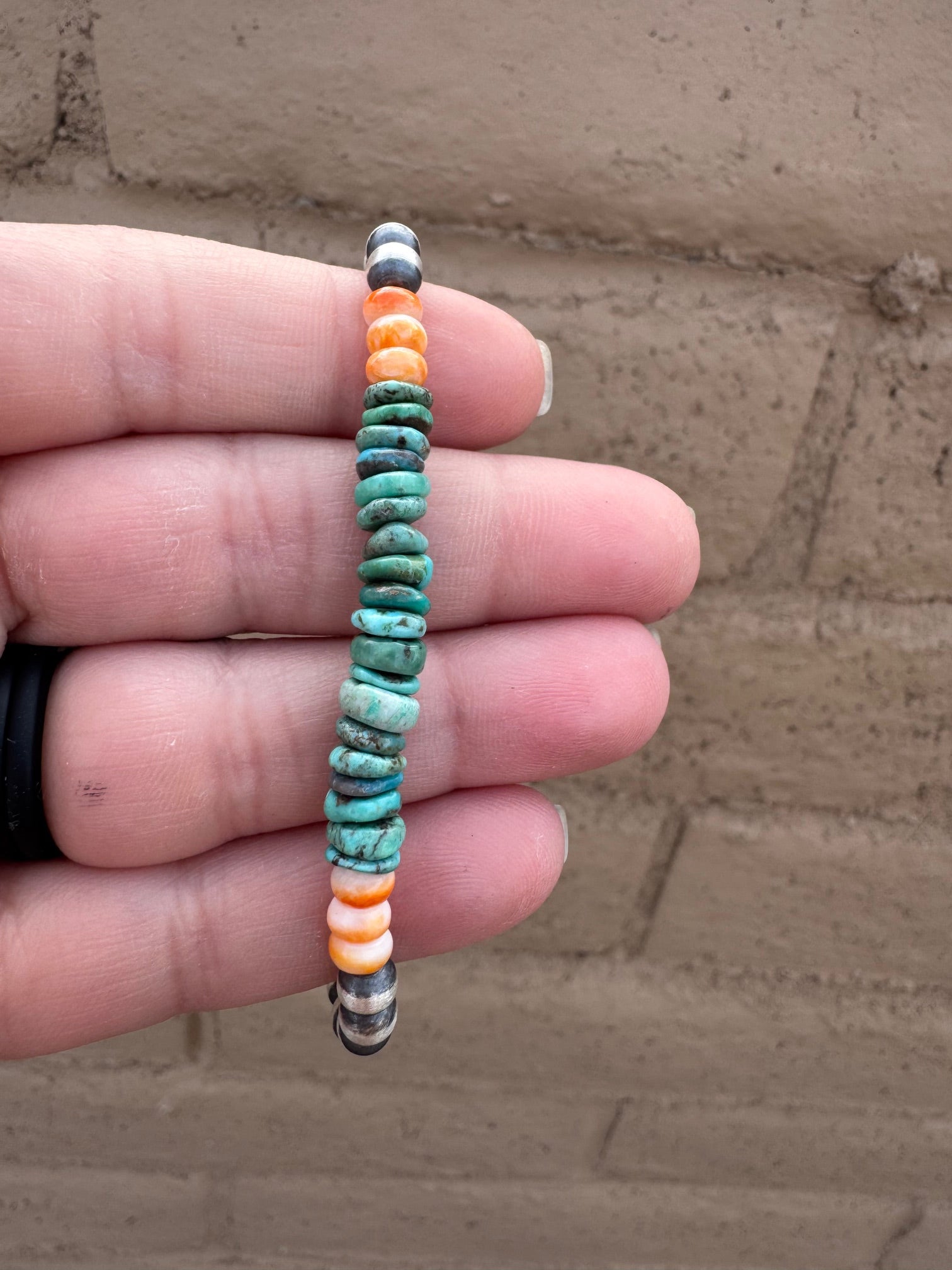 Handcrafted Orange Spiny, Turquoise & Sterling Silver 5mm Beaded Stretch Bracelet 7"