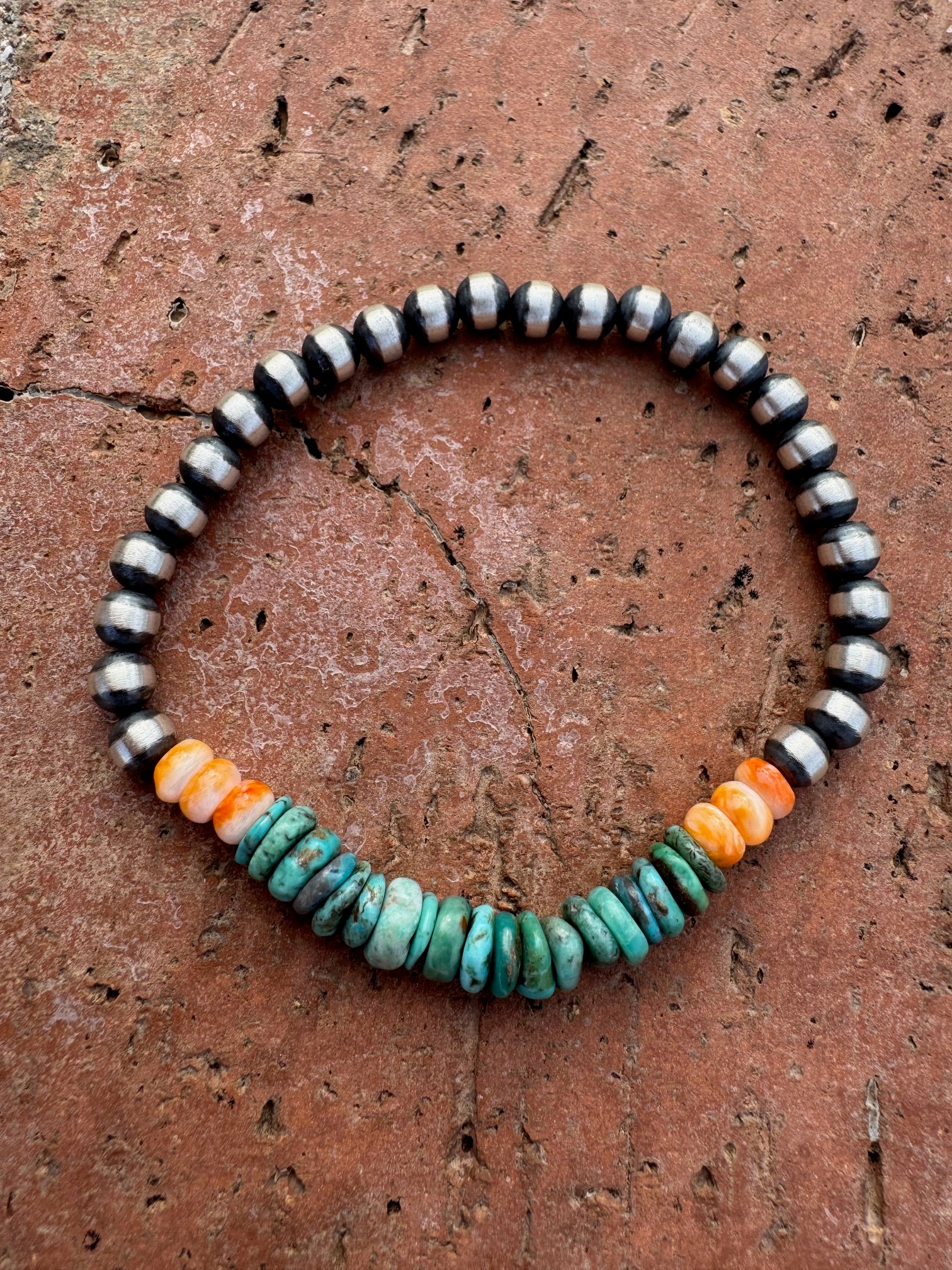 Handcrafted Orange Spiny, Turquoise & Sterling Silver 5mm Beaded Stretch Bracelet 7"