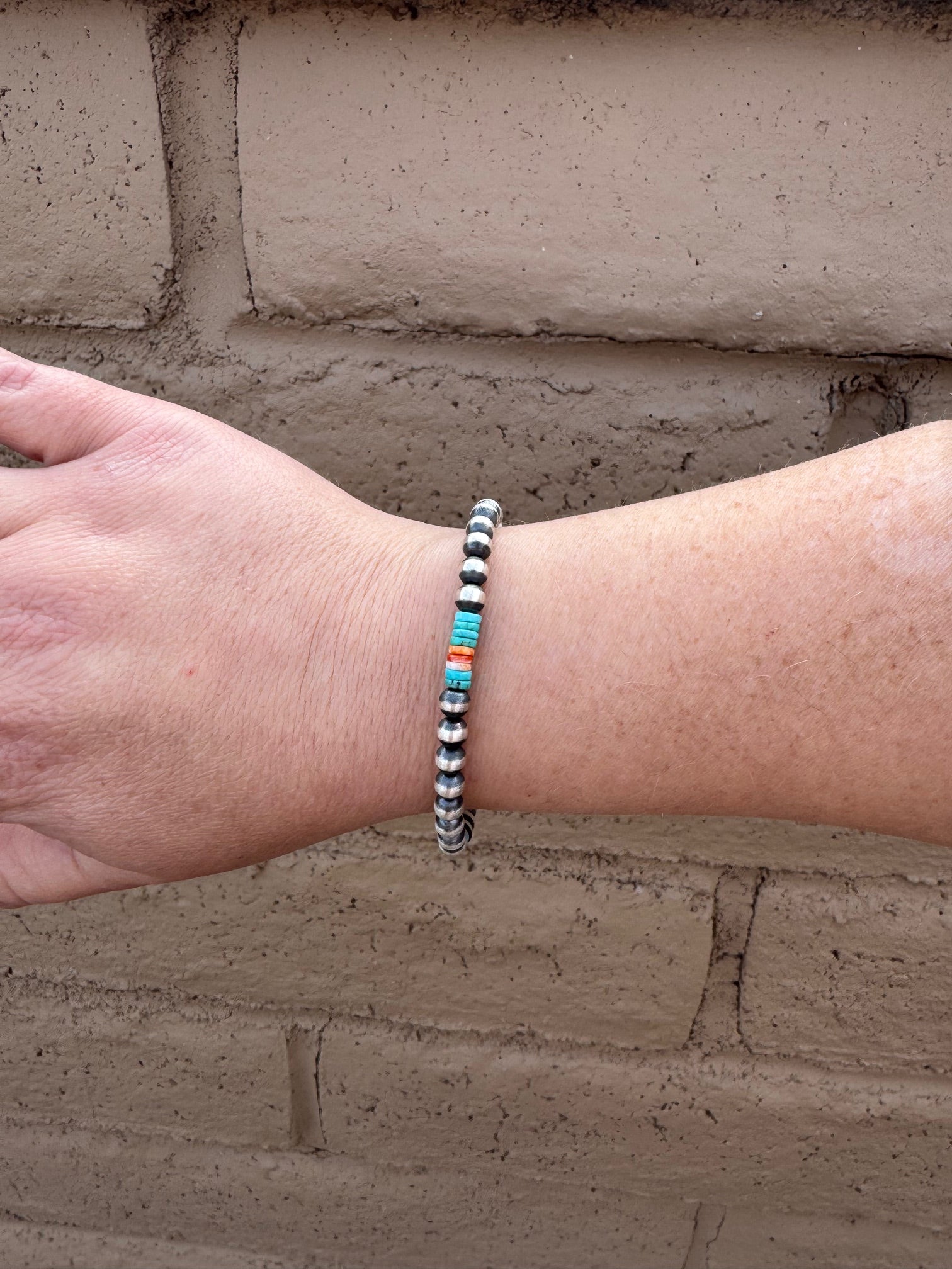 Handcrafted Spiny, Turquoise & Sterling Silver 5mm Beaded Bracelet 7.5"