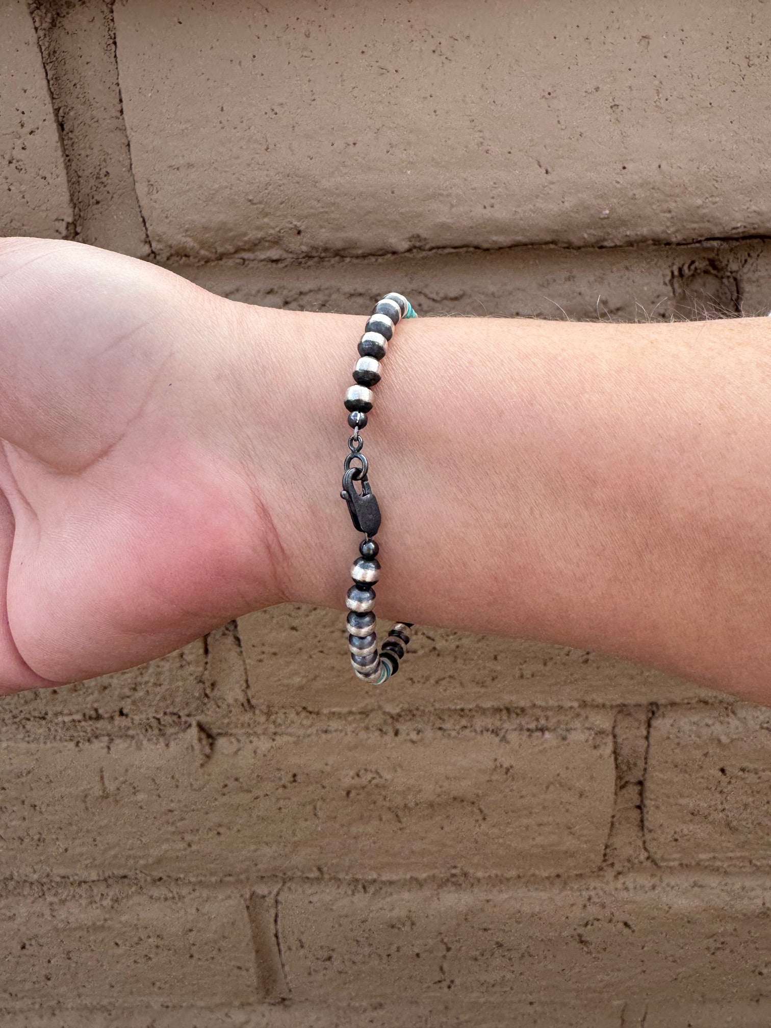 Handcrafted Spiny, Turquoise & Sterling Silver 5mm Beaded Bracelet 7.5"