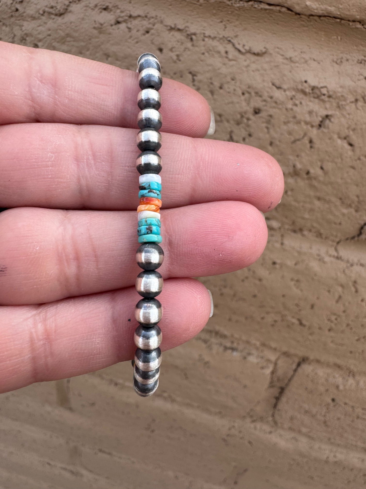 Handcrafted Spiny, Turquoise & Sterling Silver 5mm Beaded Bracelet 7.5"