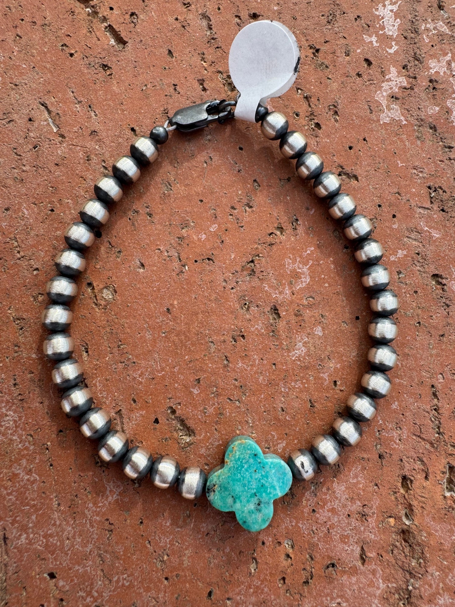 Handcrafted Cle'vara Turquoise & Sterling Silver 5mm Beaded Bracelet 7.5"