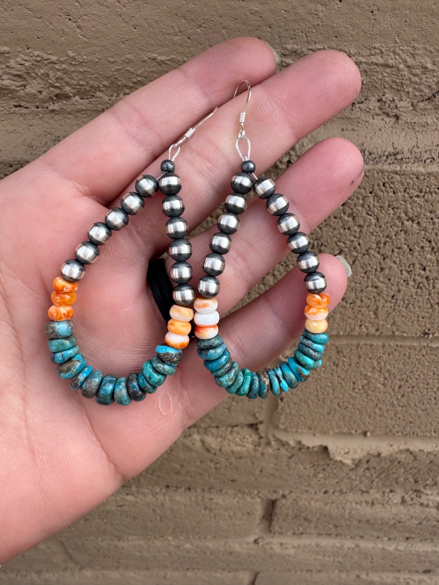 Handcrafted Kingman Turquoise & Spiny Oyster Beaded Dangle Wire Earrings