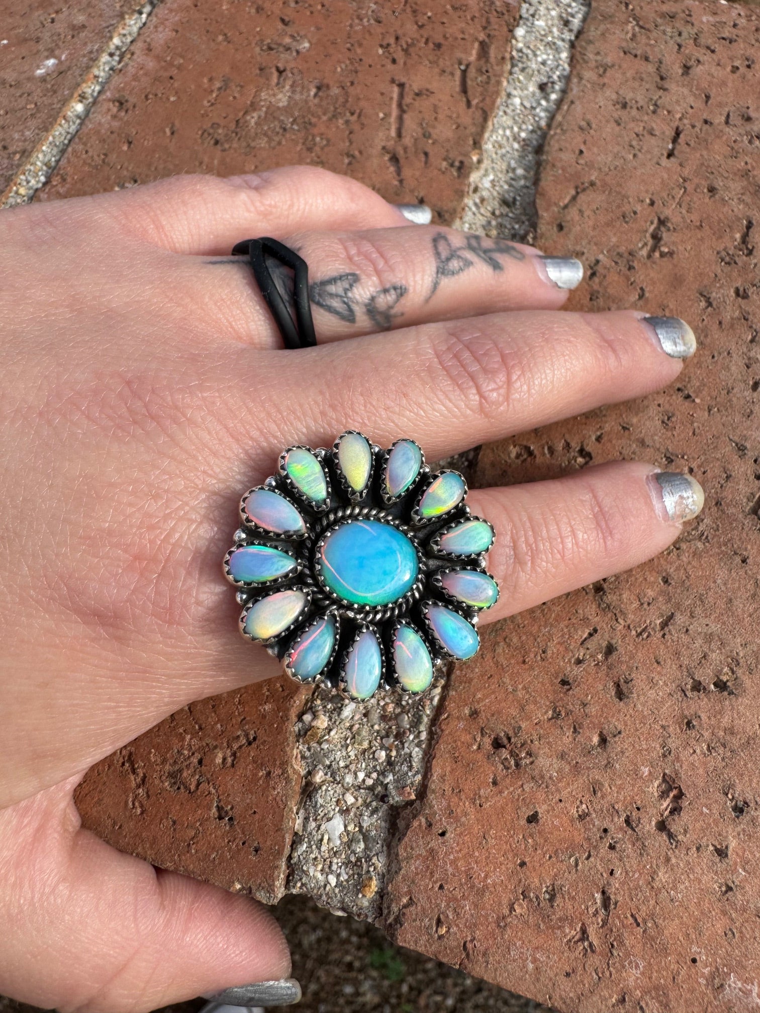 Handmade Blue Opal, Multi Color Opal & Sterling Silver Adjustable Ring