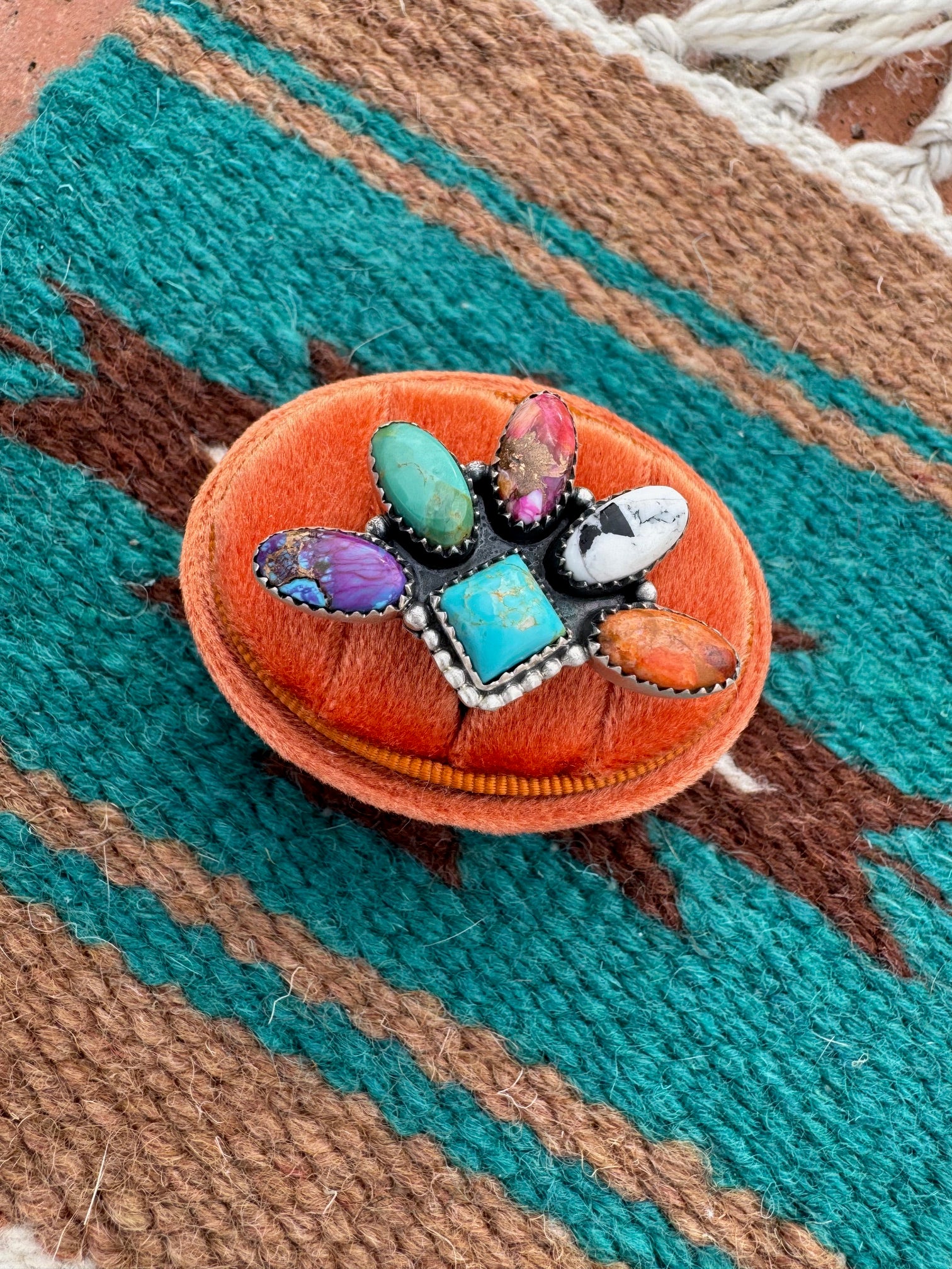 Handmade Multi Stone & Sterling Silver Crescent Adjustable Ring