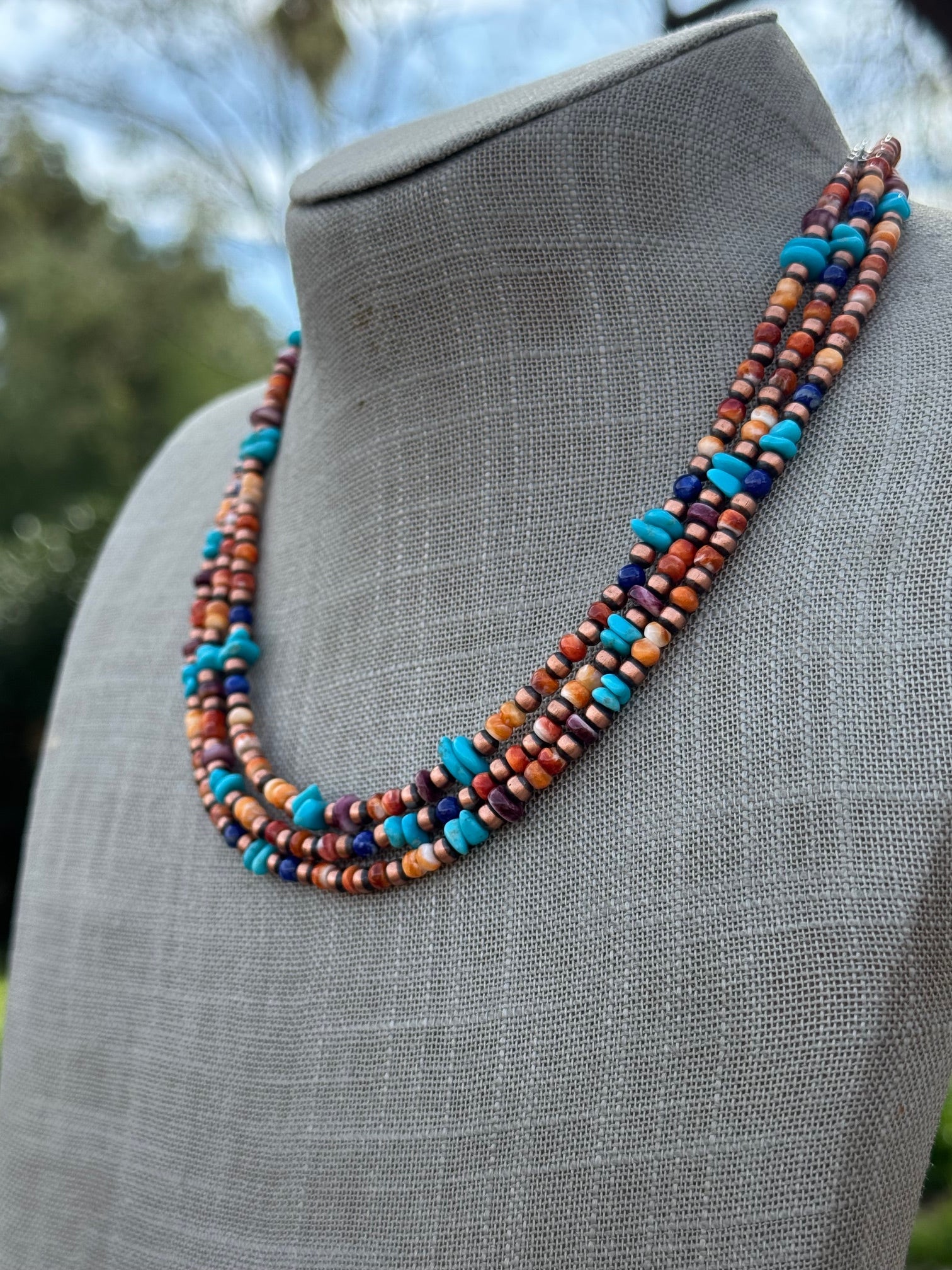 Handcrafted Turquoise, Spiny & Copper 3-4mm Beaded Necklace 16"